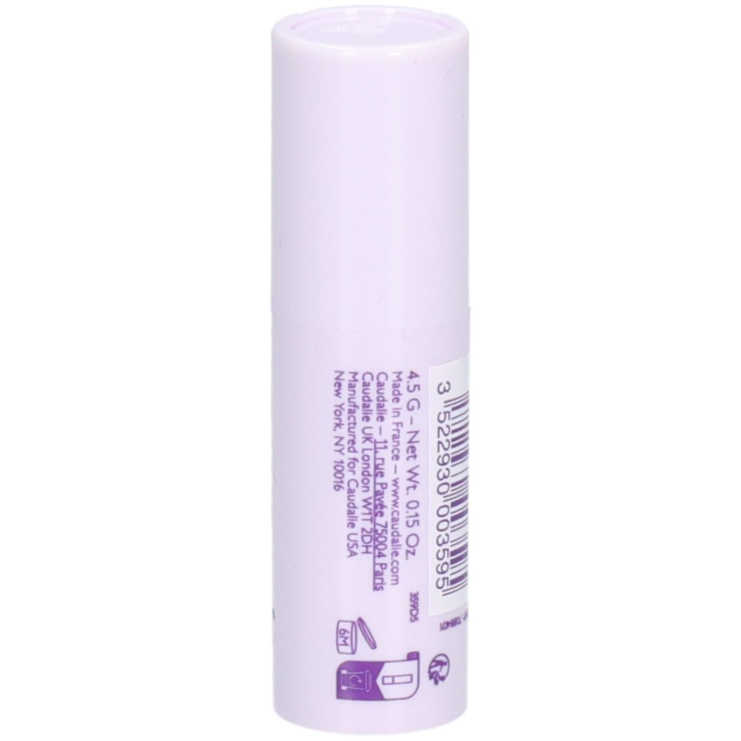 Stick à lèvres en étui blanc-violet. Imprimé: 4,5 g - Net Wt. 0,15 Oz. Fabriqué en France. Adresse.