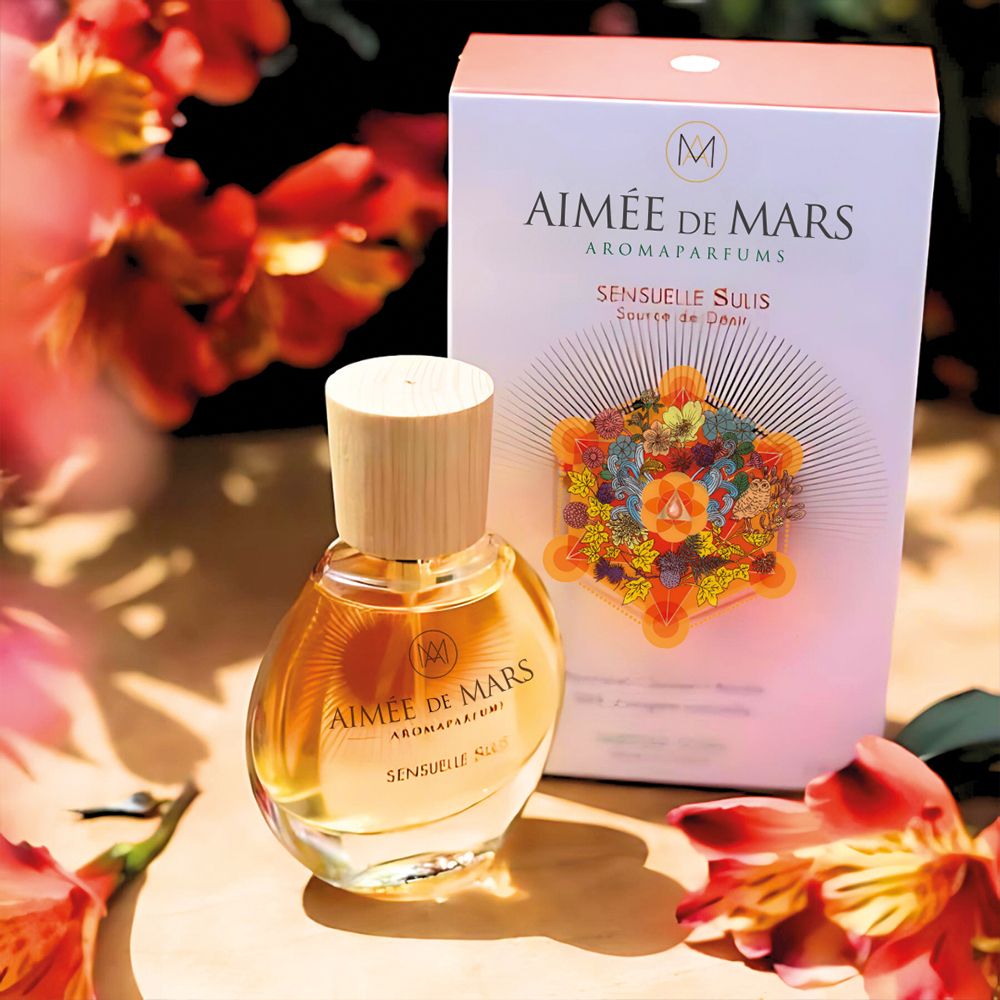 Parfümflakon und Verpackung. Flakon rund, Glas, Holzverschluss. Verpackung weiß, orangefarben. Aufschrift: Aimée de Mars.