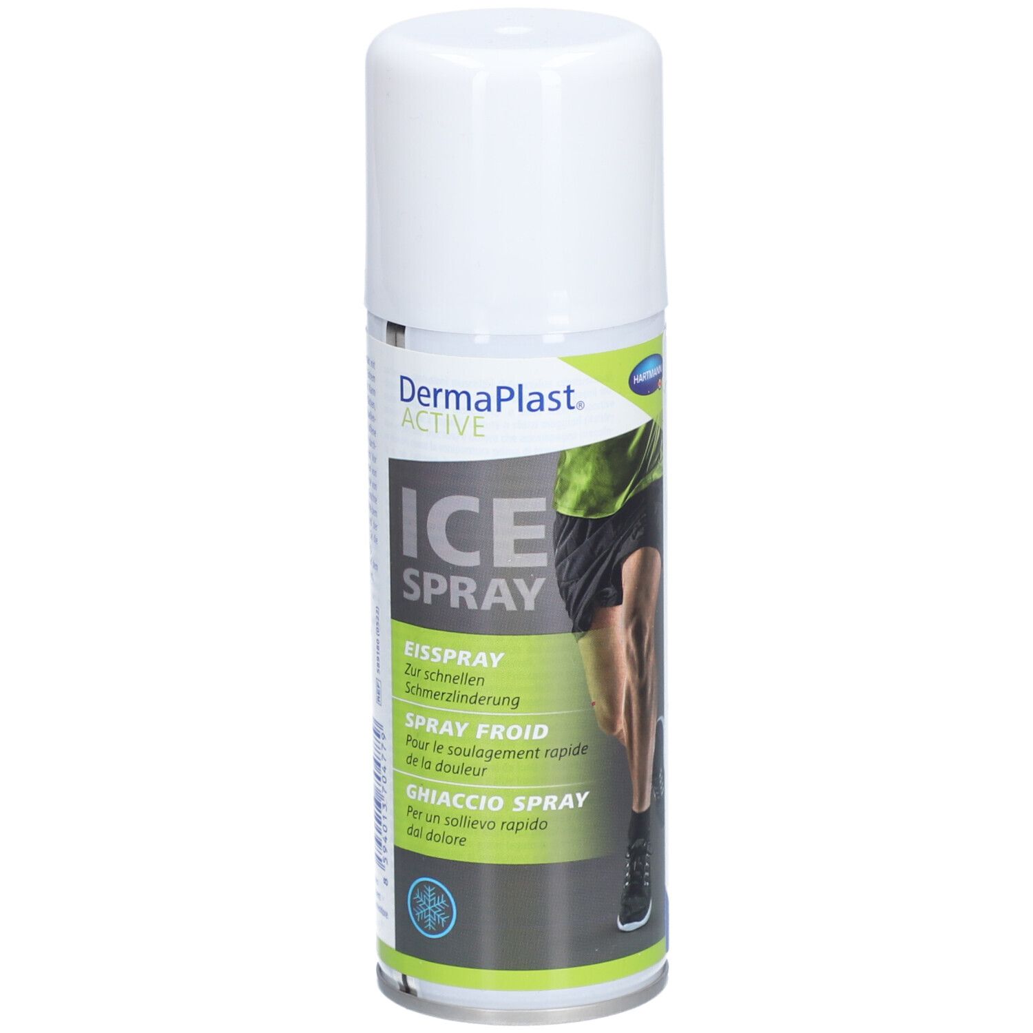 Weißes Spray mit weißem Deckel. Aufschrift: DermaPlast ACTIVE ICE SPRAY. Illustration eines Beines.