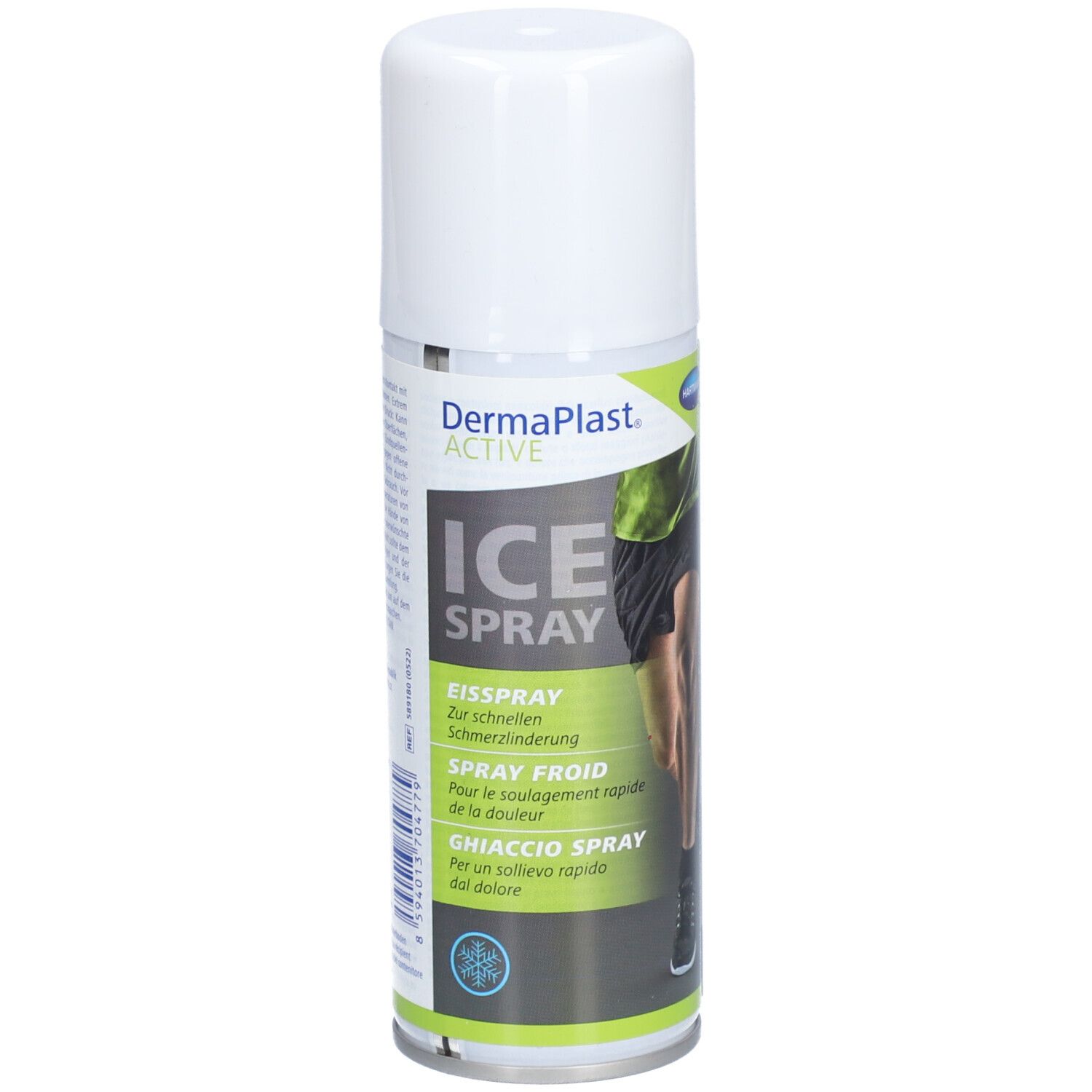 Weißes Spray mit weißem Deckel. Aufschrift: DermaPlast ACTIVE ICE SPRAY. Illustration eines Beines.