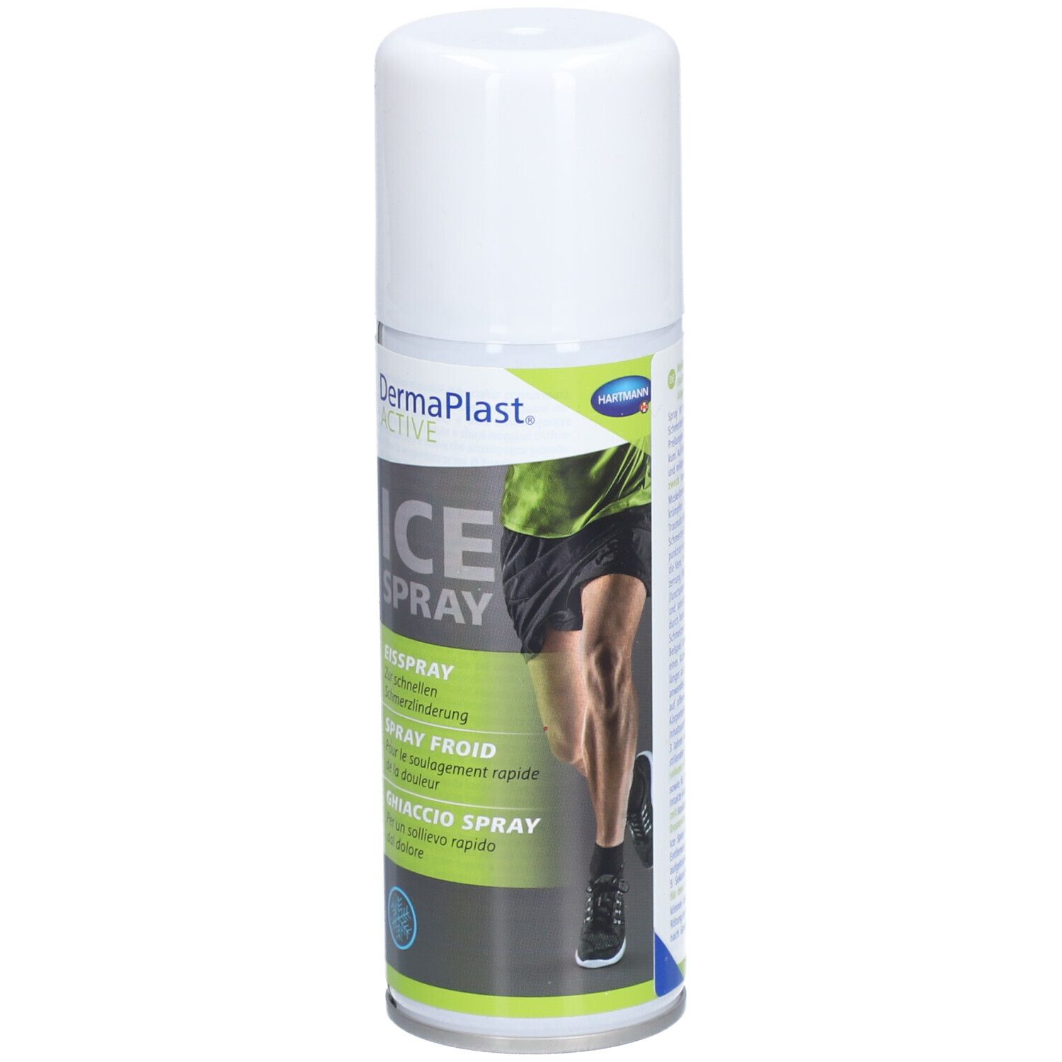 Weißes Spray mit weißem Deckel. Aufschrift: DermaPlast ACTIVE ICE SPRAY. Illustration eines Beines.