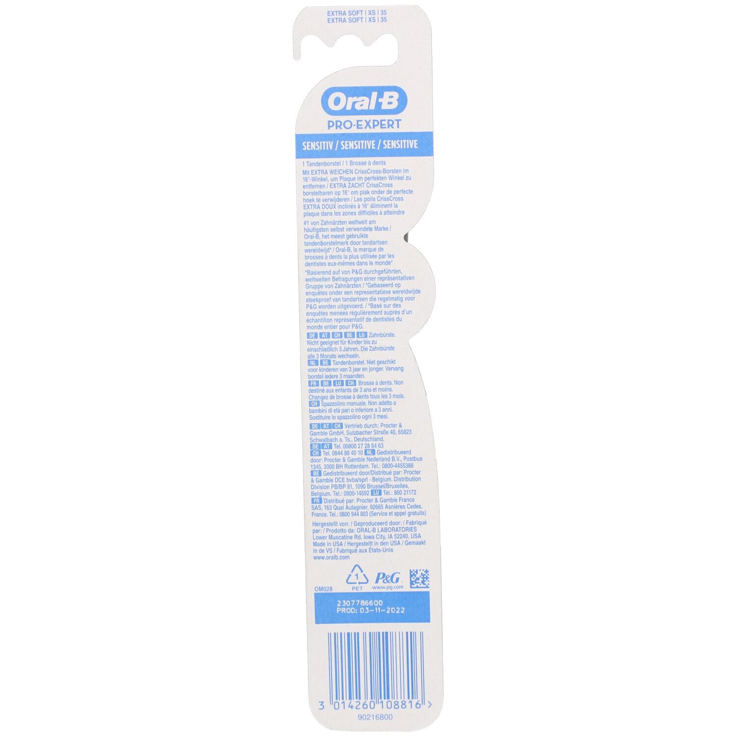 Rückseite der Zahnbürstenverpackung. Text in mehreren Sprachen. "Oral-B Pro-Expert Sensitive".