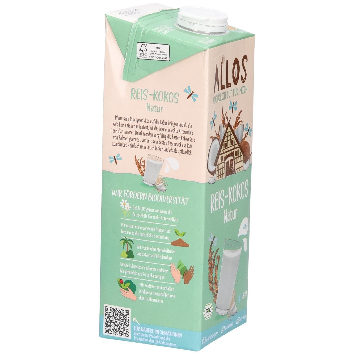 Tetrapack mit Allos Reis-Kokos Drink. Text: Informationen zur Biodiversität. Illustrationen von Pflanzen und Händen. QR-Code.