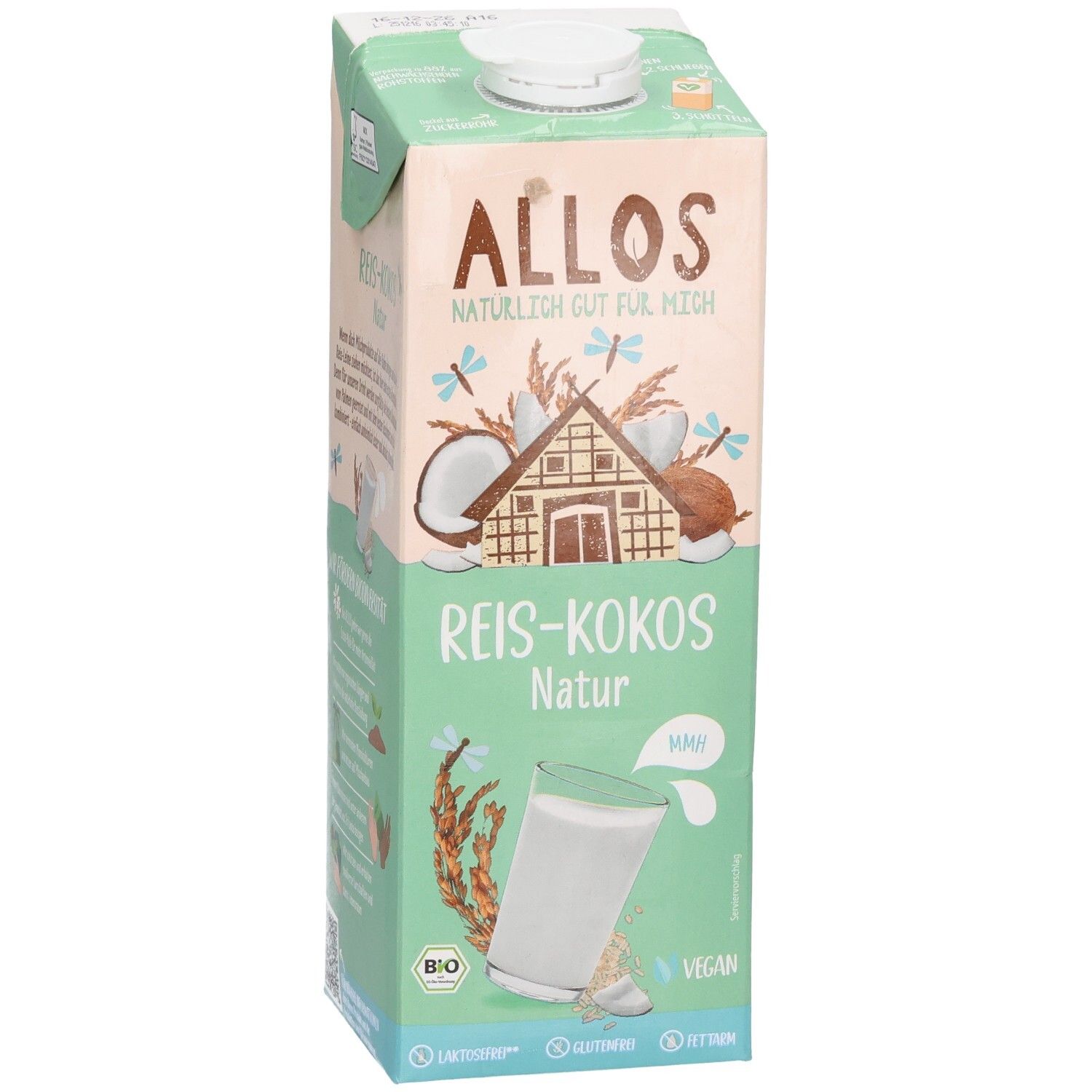Tetrapack mit Allos Reis-Kokos Drink. Aufdrucke: Logo, Produktname, Bio-Siegel, Vegan-Siegel. Illustrationen von Kokosnuss und Reis.