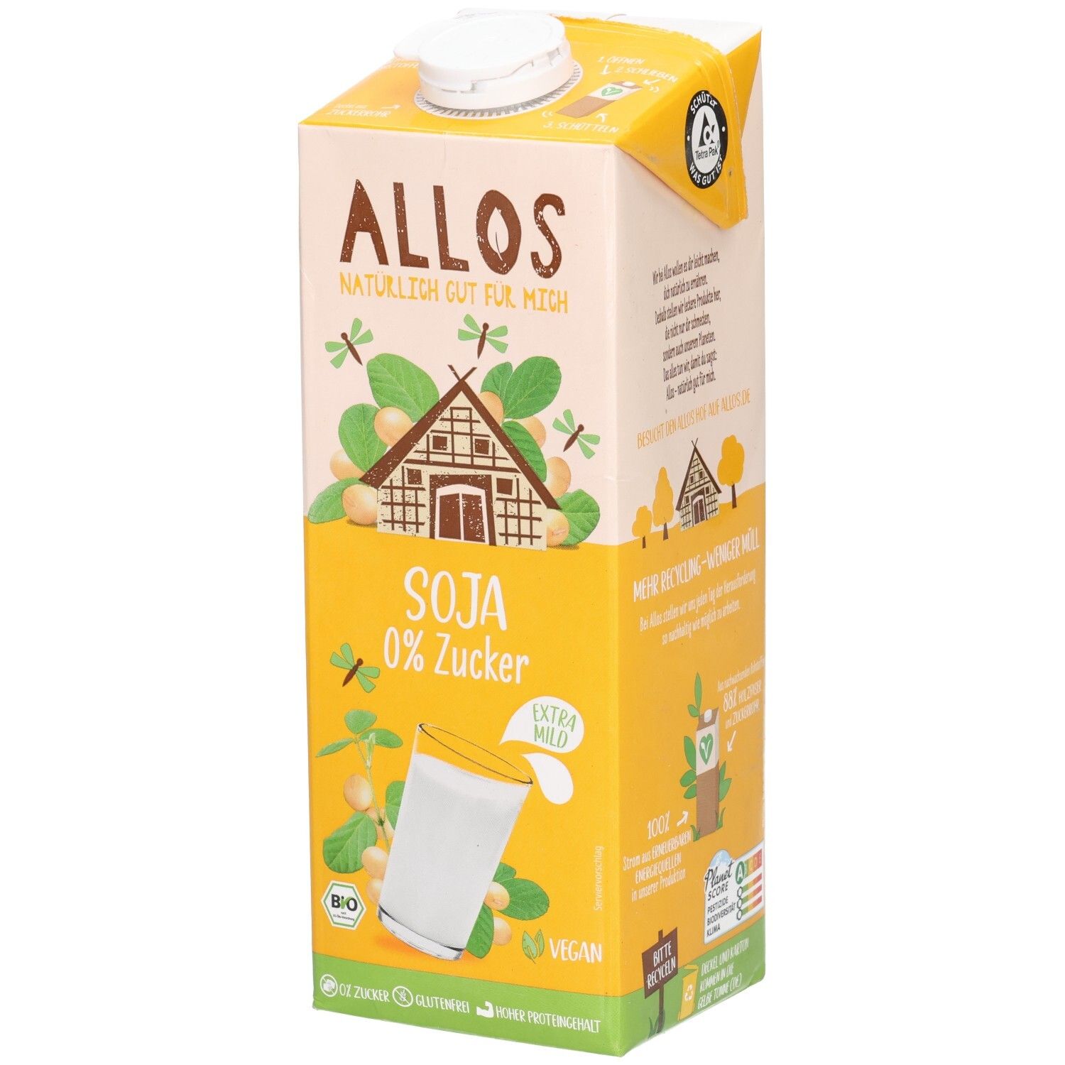 Tetrapack Allos Soja 0% Zucker. Aufdruck: Soja, Bio-Siegel, Vegan. Abbildung: Glas mit Sojadrink.