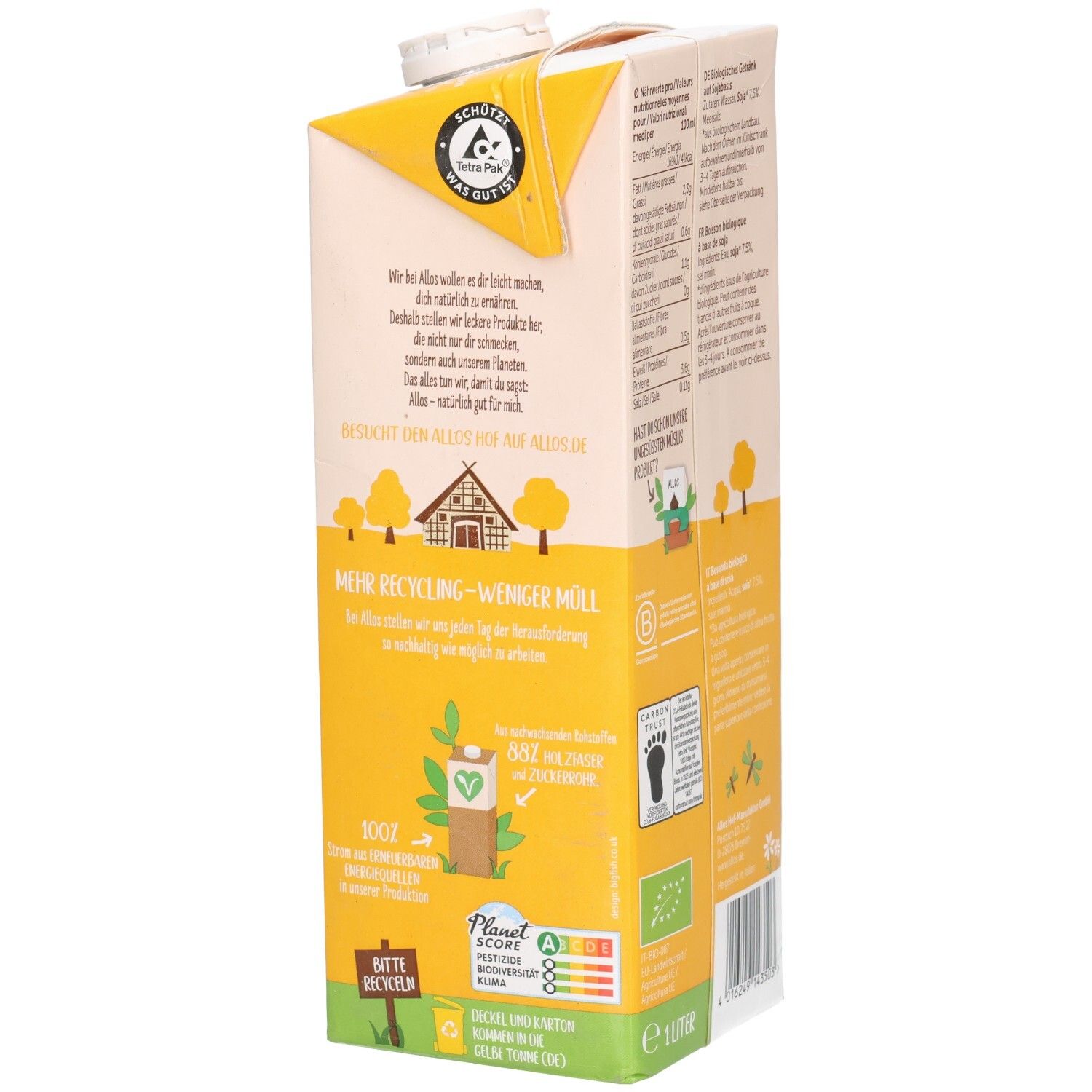 Tetrapack Allos Soja 0% Zucker. Aufdruck: Recycling-Hinweis, Bio-Siegel, Vegan. Text und Planet Score.