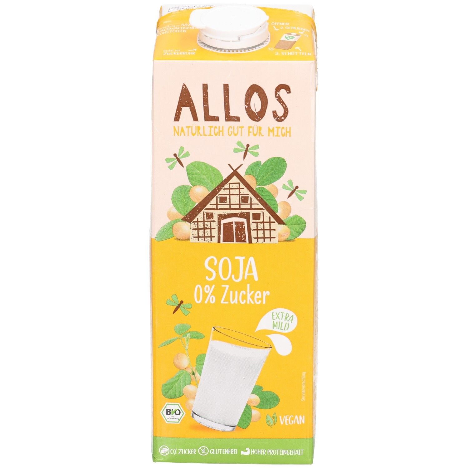 Tetrapack Allos Soja 0% Zucker. Aufdruck: Soja, Bio-Siegel, Vegan. Abbildung: Glas mit Sojadrink.