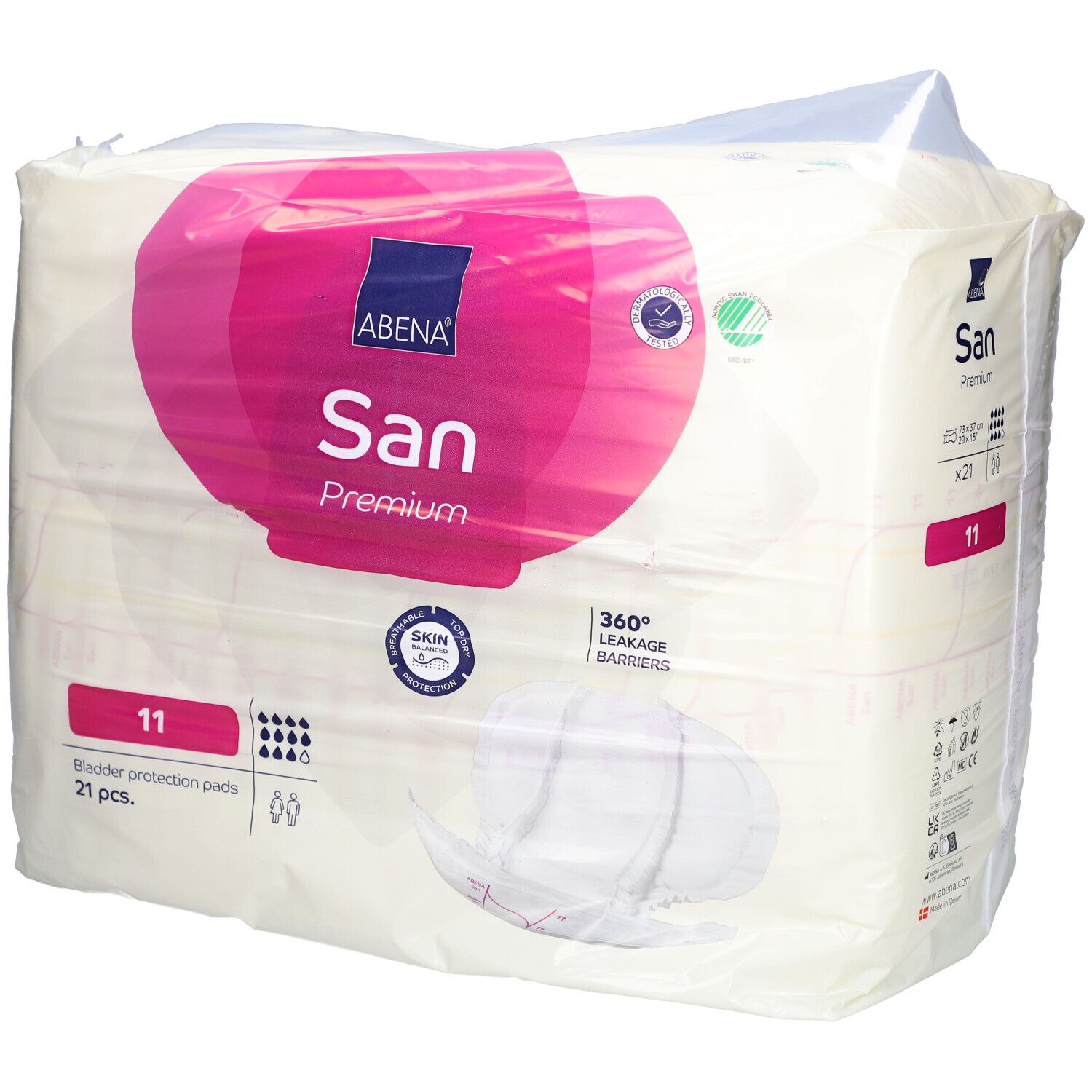 Verpackung ABENA San Premium 11. Blasen-Schutzpads, 21 Stück. Rosa Logo, grüne Zertifizierung. 360° Auslaufschutz.