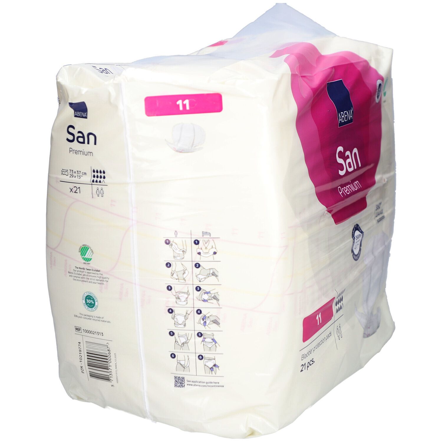 Verpackung ABENA San Premium 11. Blasen-Schutzpads, 21 Stück. Rosa Logo, grüne Zertifizierung. Gebrauchsanweisung.