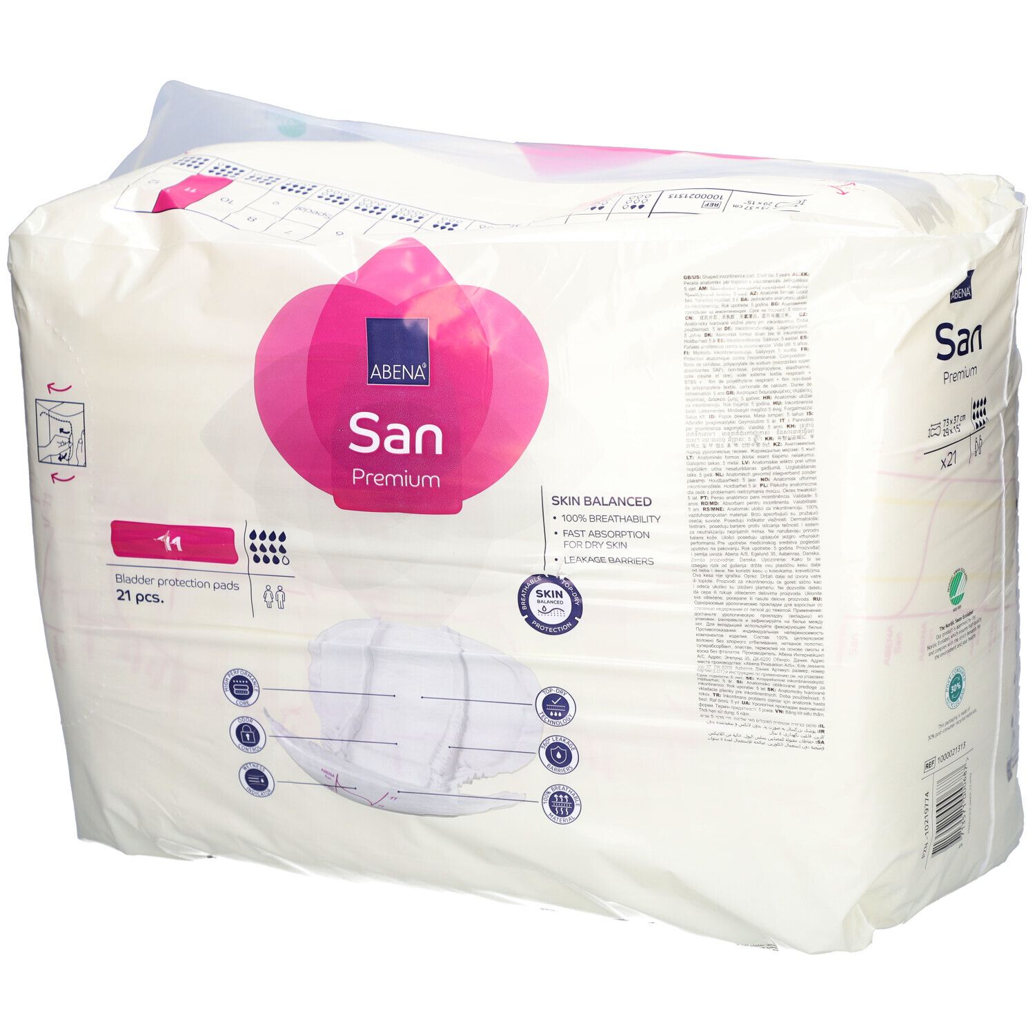 Verpackung ABENA San Premium 11. Blasen-Schutzpads, 21 Stück. Rosa Logo, grüne Zertifizierung. Skin Balanced.