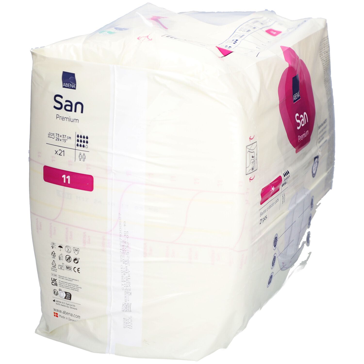 Verpackung ABENA San Premium 11. Blasen-Schutzpads, 21 Stück. Rosa Logo, grüne Zertifizierung. Produktinformationen.