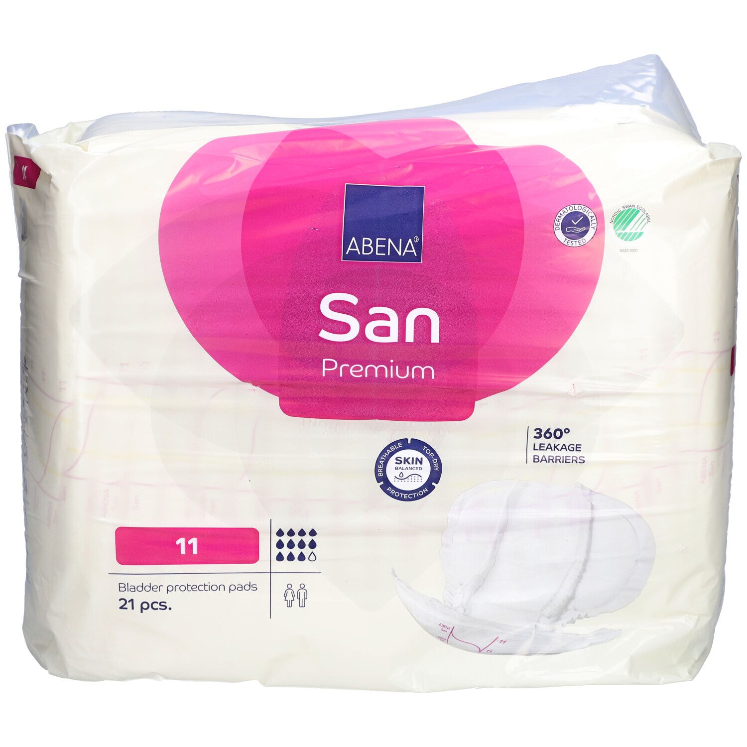 Verpackung ABENA San Premium 11. Blasen-Schutzpads, 21 Stück. Rosa Logo, grüne Zertifizierung. 360° Auslaufschutz.