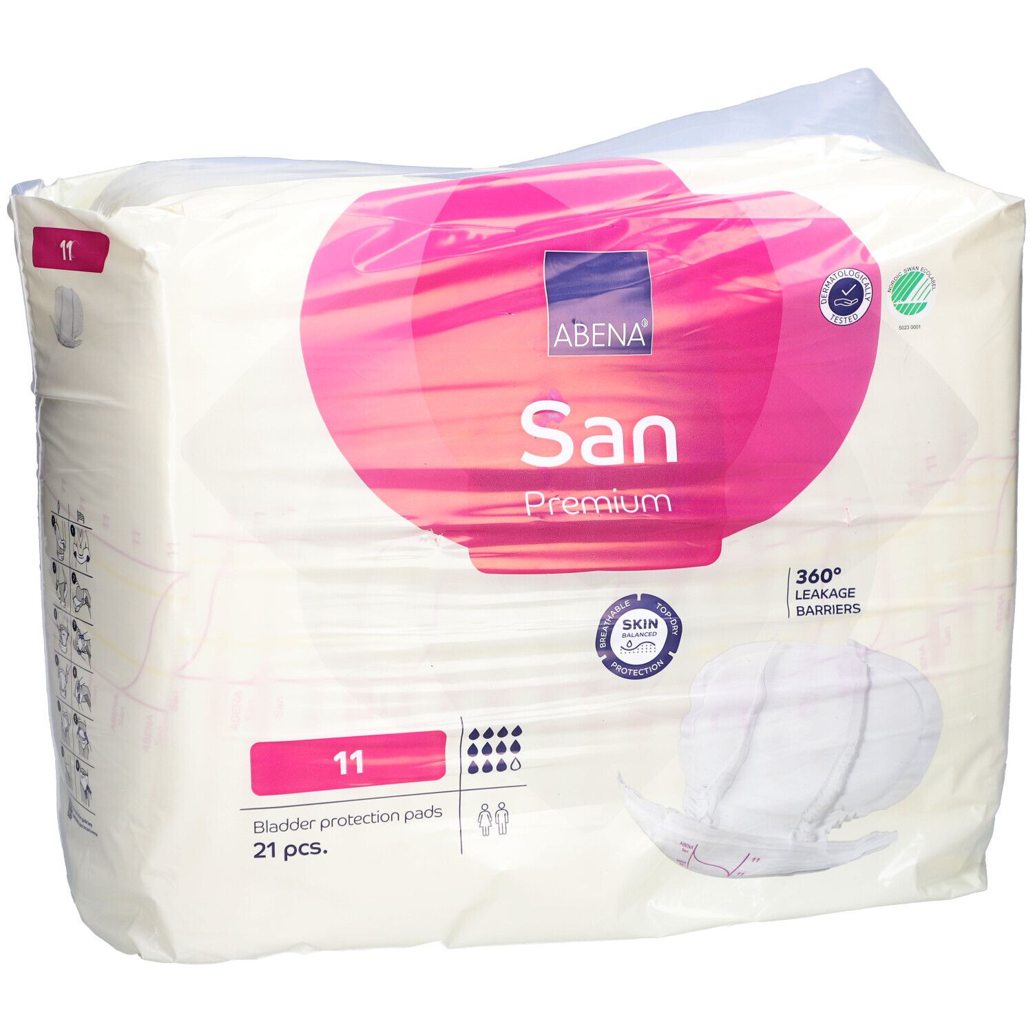 Verpackung ABENA San Premium 11. Blasen-Schutzpads, 21 Stück. Rosa Logo, grüne Zertifizierung. 360° Auslaufschutz.