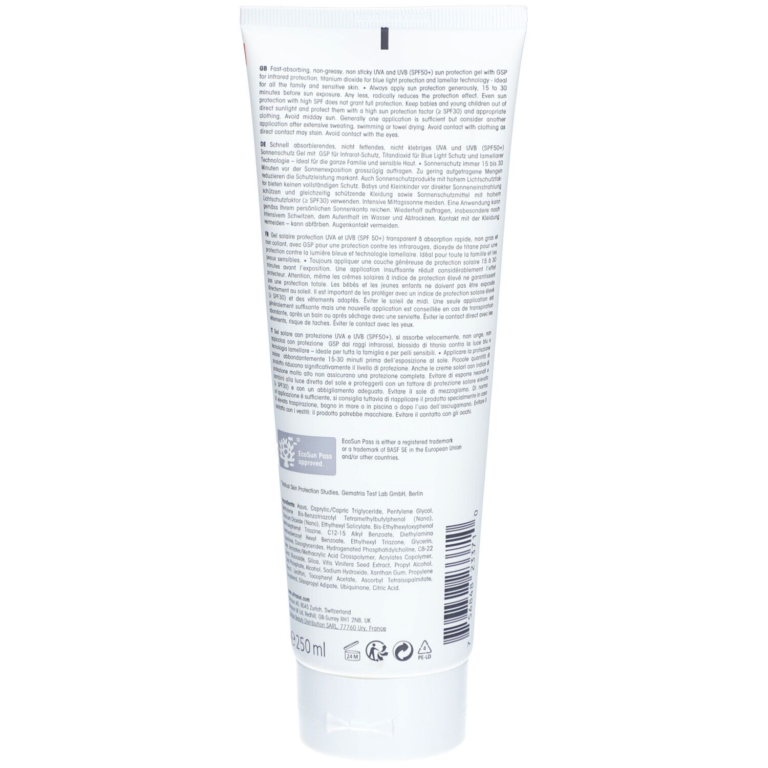 Dos du tube blanc. Texte et informations en plusieurs langues. En bas: 250ml, symboles de recyclage.