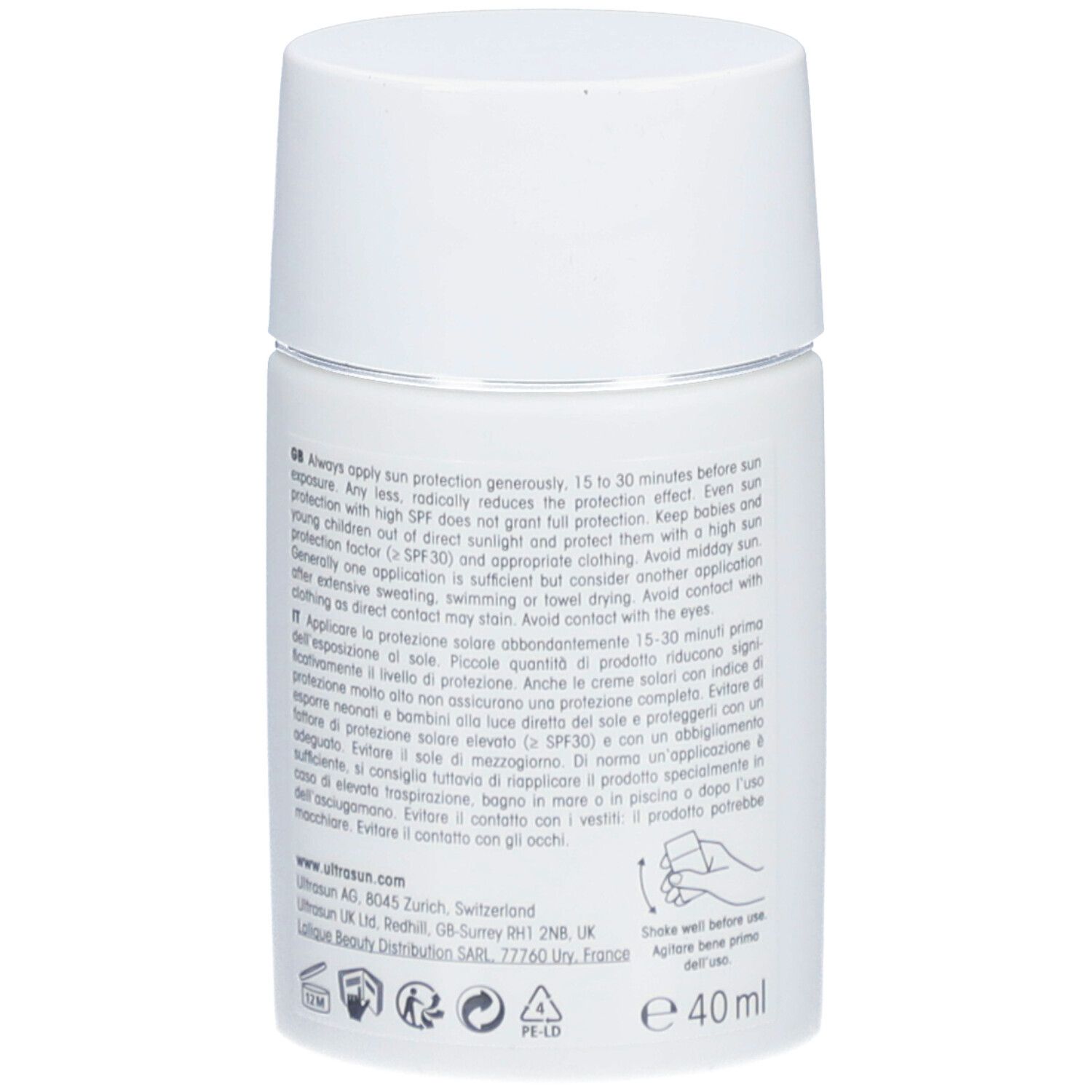 Rückseite einer weißen Flasche. Text: Anwendungshinweise, Inhaltsstoffe, Adresse. Volumen: 40 ml.