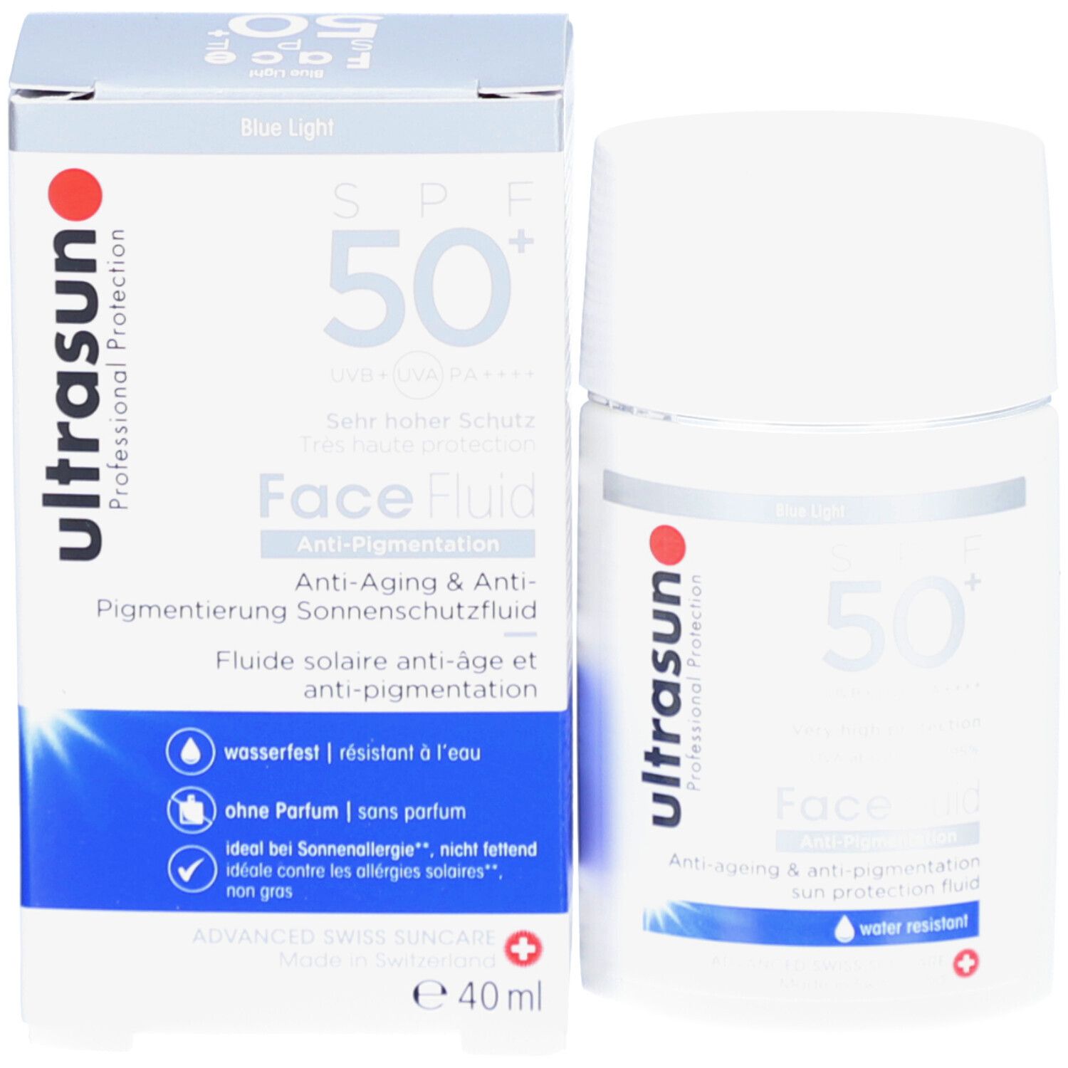Produkt und Verpackung. Weiße Flasche und Schachtel. Aufschrift: ultrasun, Face Fluid, 50+ Sonnenschutz. 40 ml.