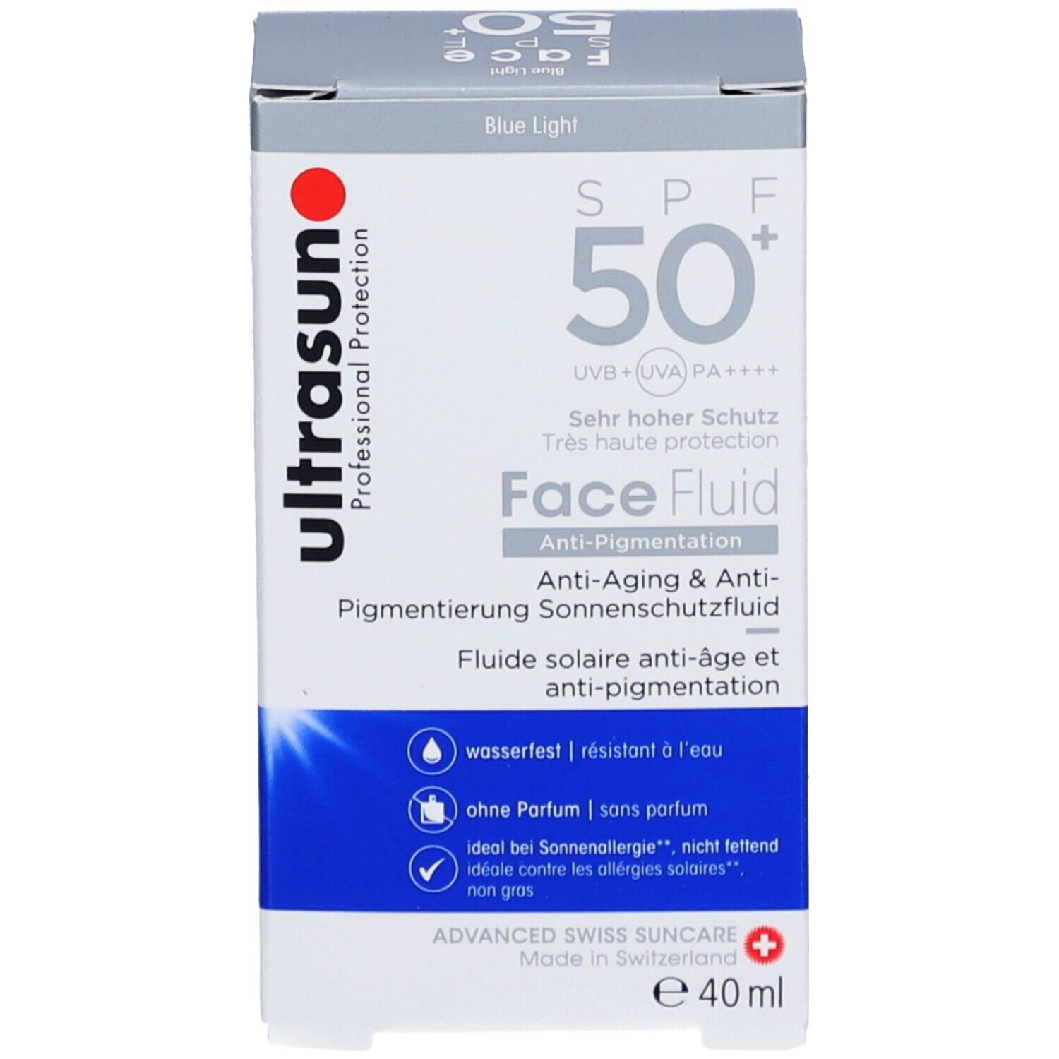 Weiße Schachtel mit Produkt. Aufschrift: ultrasun, Face Fluid, 50+ Sonnenschutz. 40 ml. Ohne Parfum, wasserfest.