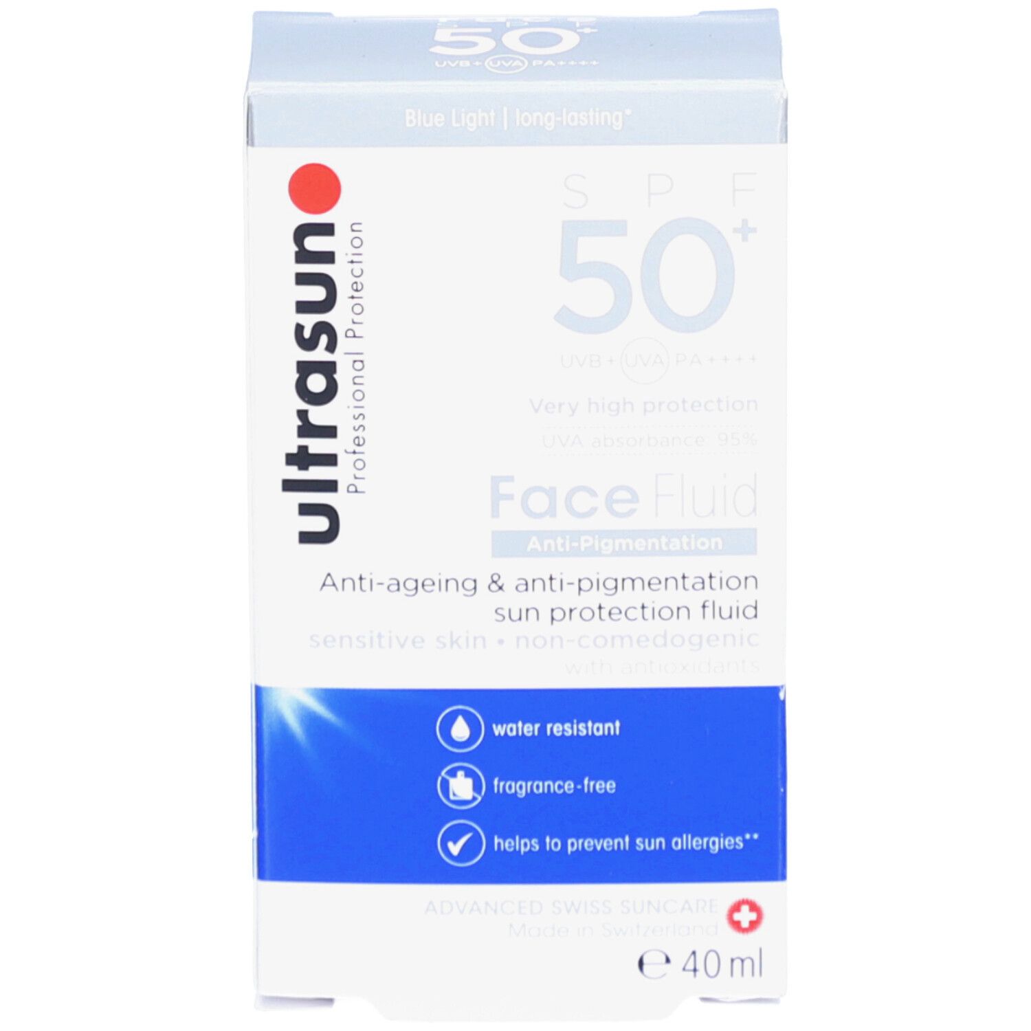 Weiße Schachtel. Aufschrift: ultrasun, Face Fluid, 50+ Sonnenschutz. Wasserfest, ohne Parfum, gegen Sonnenallergie.