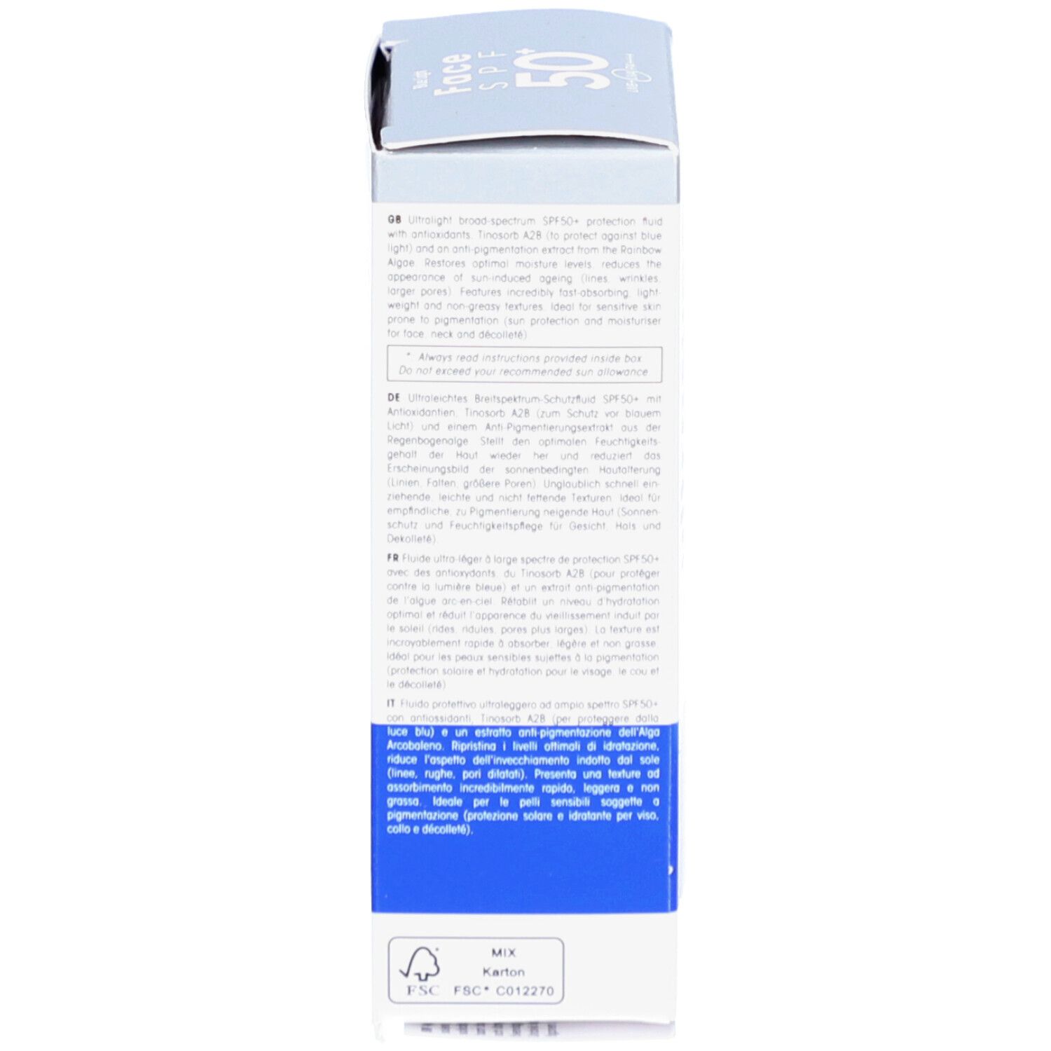 Schachtel-Rückseite. Text: Anwendungshinweise, Inhaltsstoffe, Adresse. Made in Switzerland. 40 ml.
