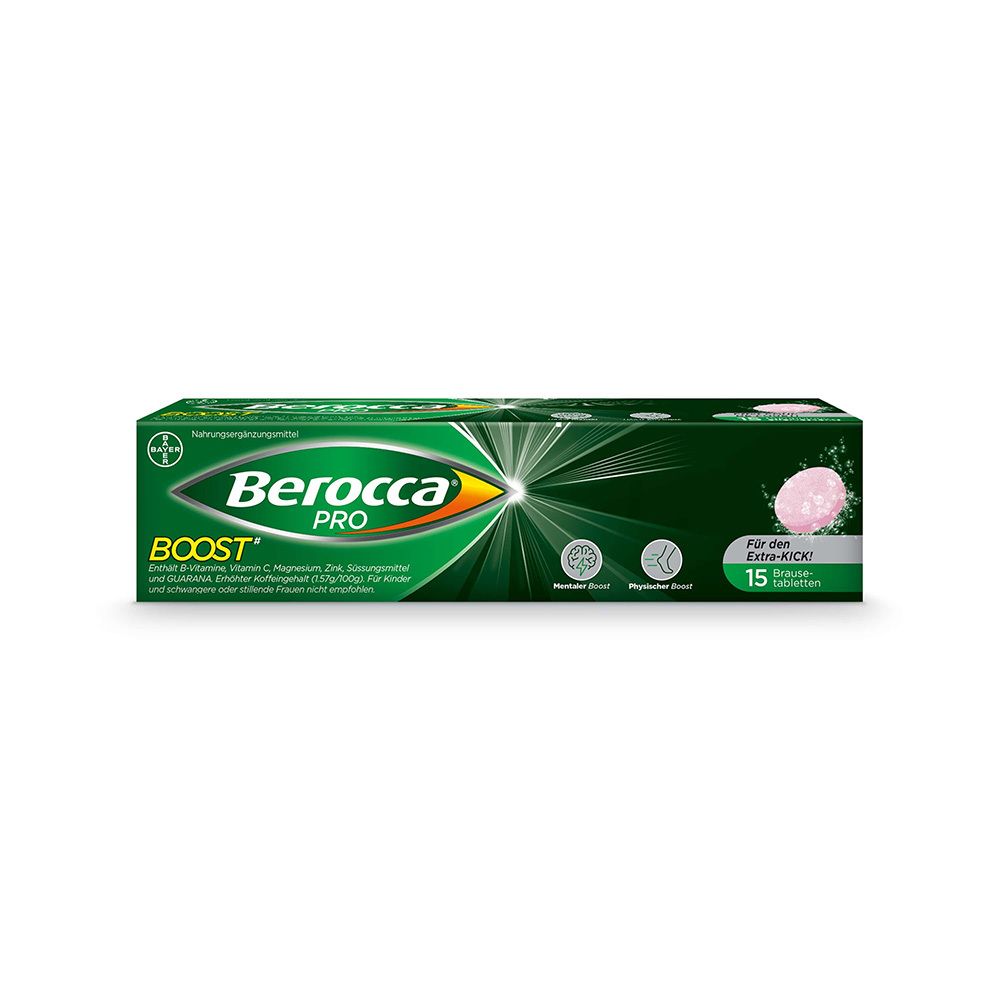 Grüne Verpackung mit BEROCCA PRO BOOST. Enthält 15 Brausetabletten. Bayer-Logo.