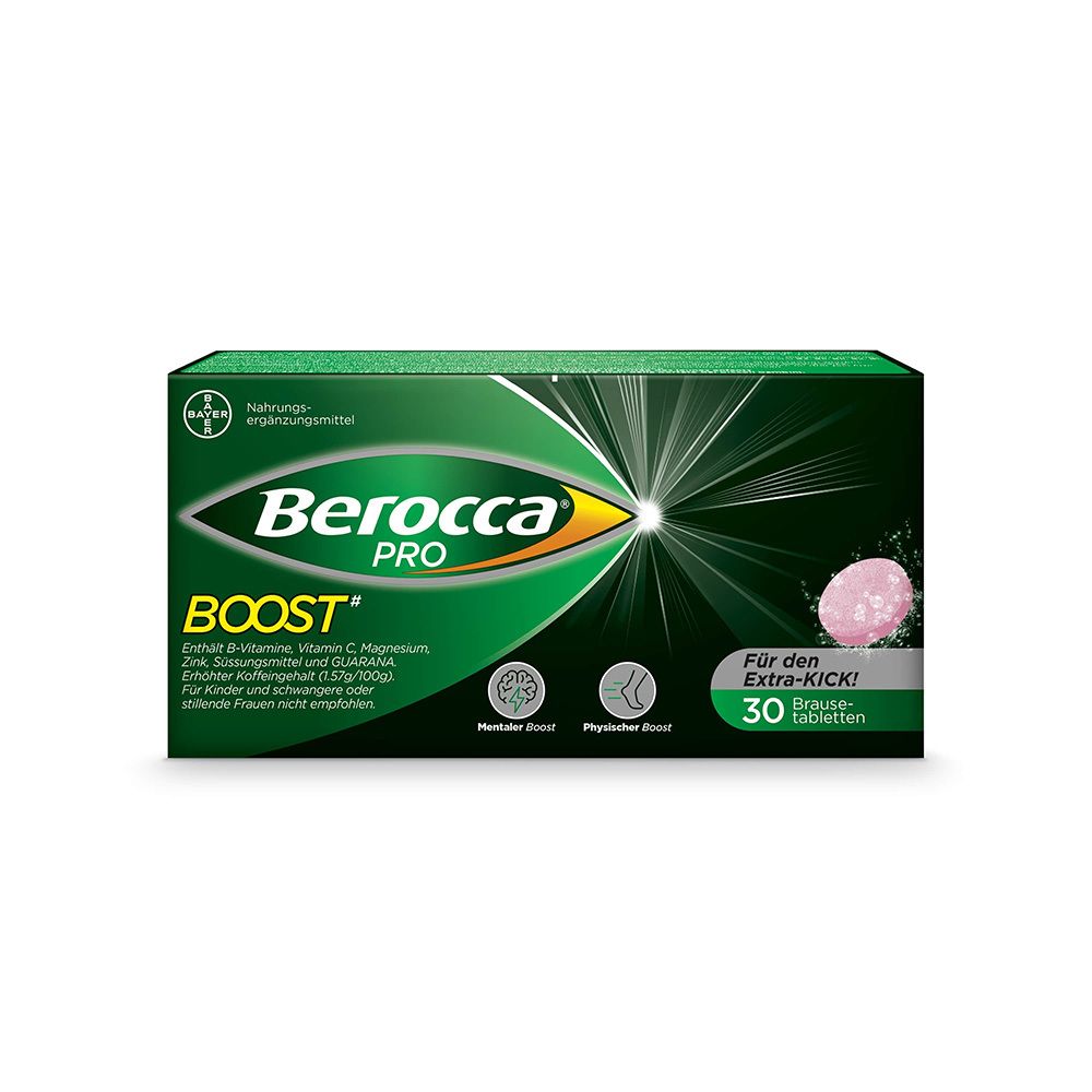 Berocca Pro Boost-Verpackung. Grüne Schachtel mit Produktnamen, 30 Brausetabletten und Bayer-Logo.