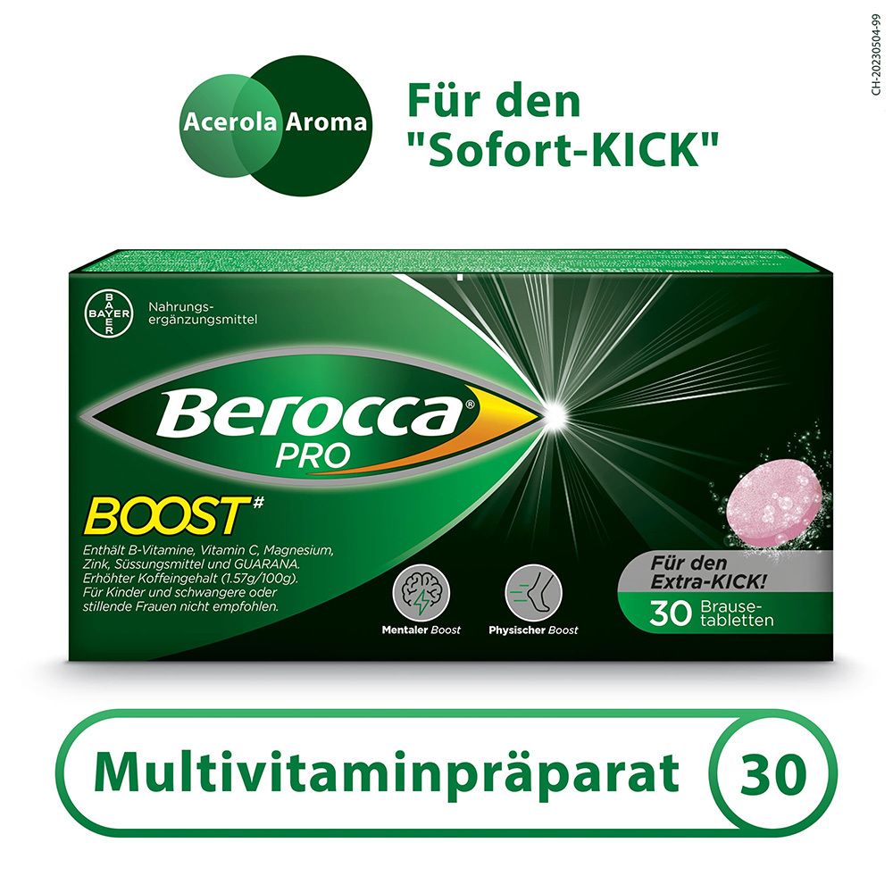 Berocca Pro Boost-Verpackung. Grüne Schachtel mit Produktnamen, 30 Brausetabletten und Acerola Aroma.