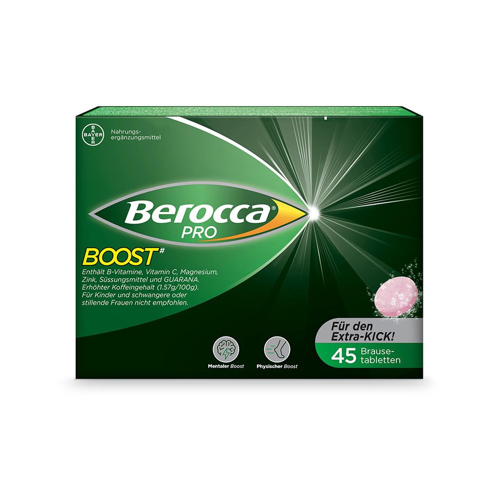 Grüne Verpackung von BEROCCA Pro Boost mit 45 Brausetabletten. Enthält B-Vitamine, Vitamin C, Magnesium, Zink, Guaraná.