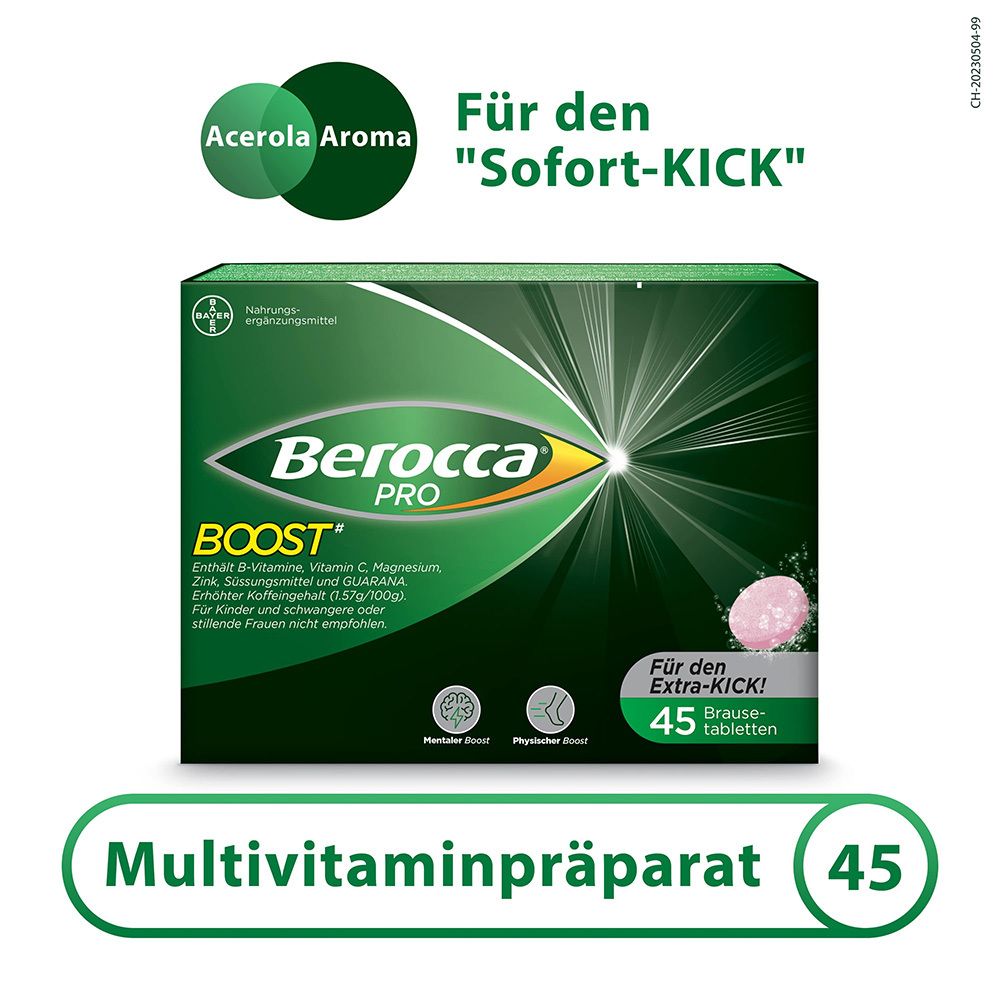 Verpackung von BEROCCA Pro Boost mit 45 Brausetabletten. Enthält B-Vitamine, Vitamin C, Magnesium, Zink, Guaraná. Mit Acerola Aroma.