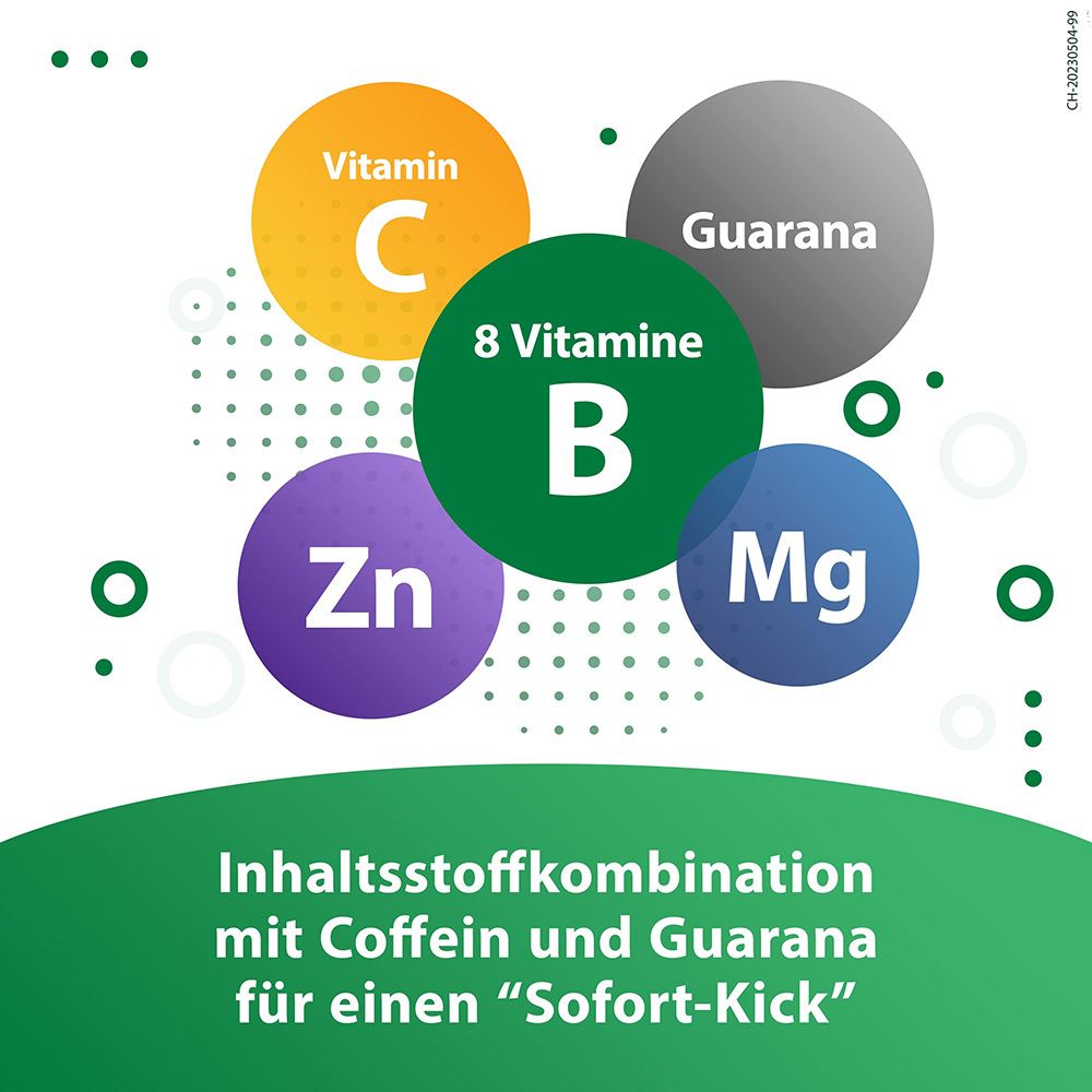 Grafische Darstellung von Vitaminen und Mineralstoffen. Kreise mit den Buchstaben: C, B, Zn, Mg und Guaraná.