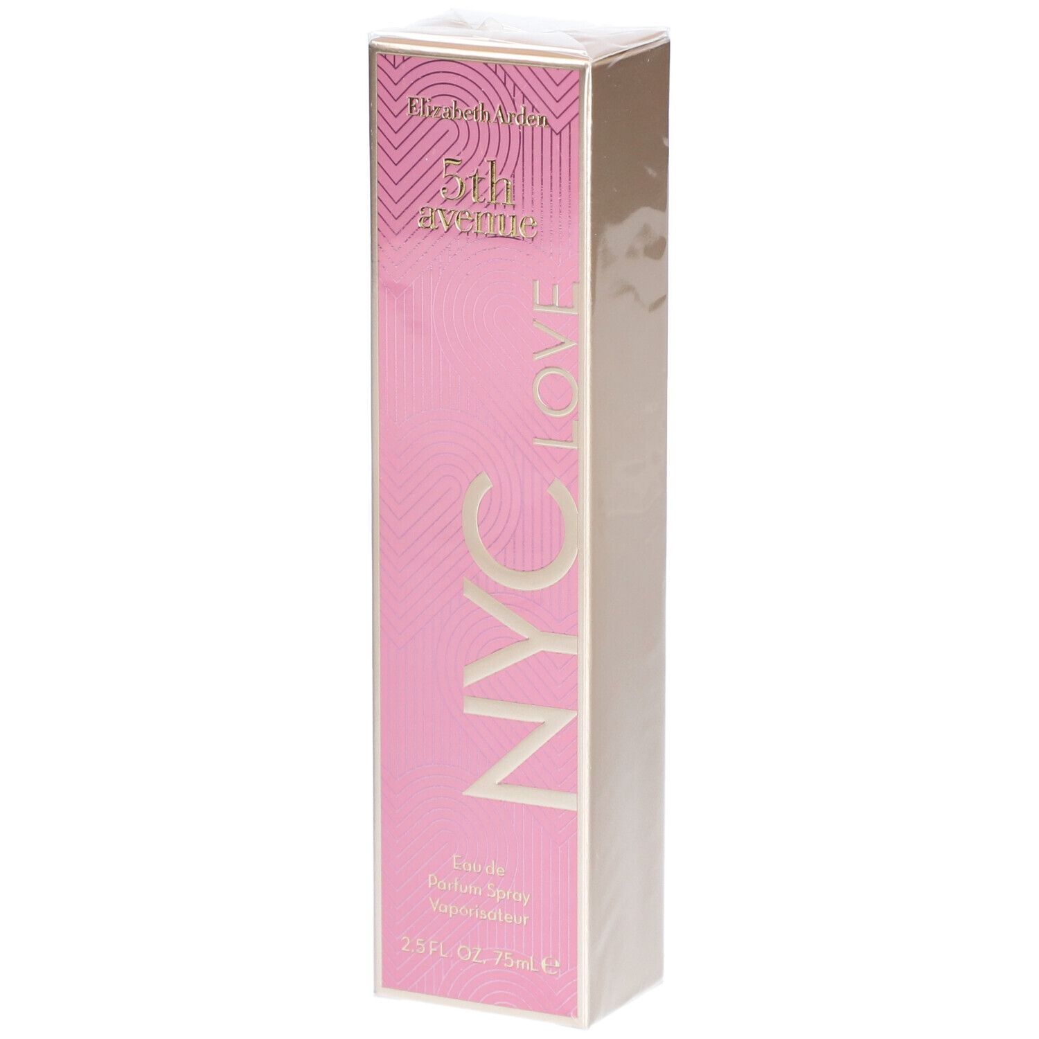 Rosa Verpackung mit goldfarbenem Schriftzug. Aufschrift: 5th Avenue NYC LOVE. Eau de Parfum Spray. 75 ml.