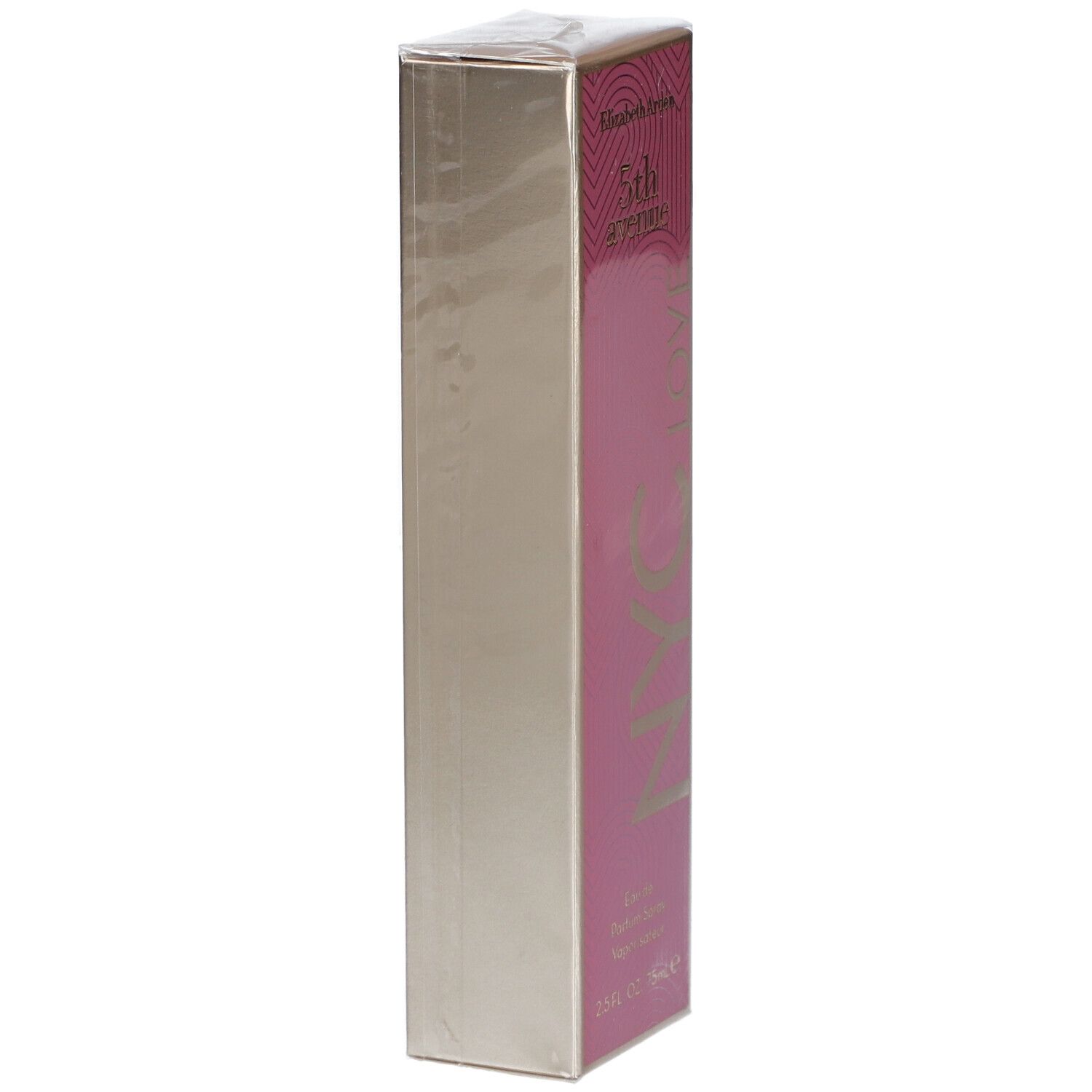 Schmale, rechteckige Verpackung. Rosa Seite mit goldfarbenem Schriftzug. Aufschrift: 5th Avenue NYC LOVE. In Folie verpackt.
