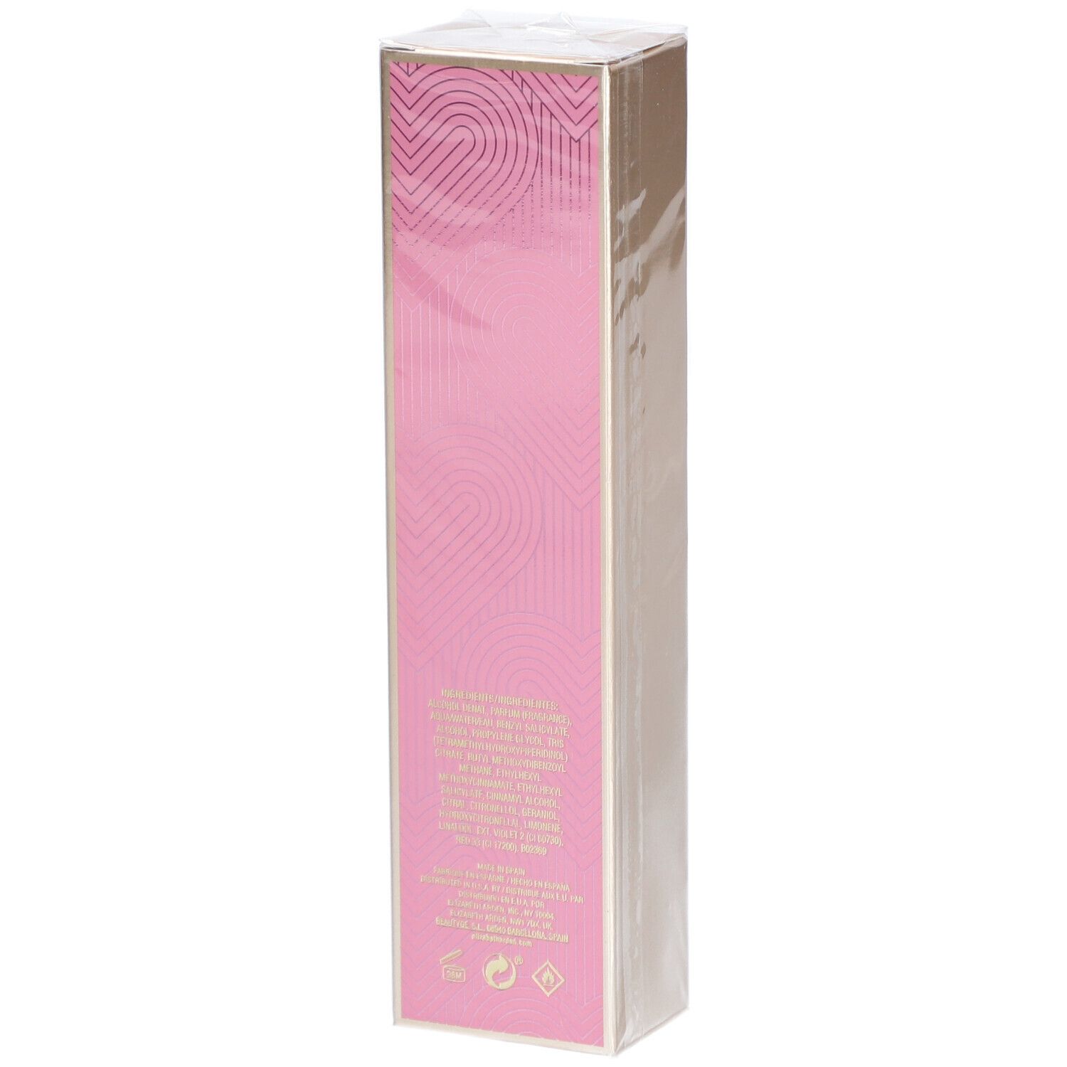 Schmale, rechteckige Verpackung. Rosa Seite mit goldfarbenem Schriftzug. Aufschrift: 5th Avenue NYC LOVE. Rückseite mit Text.