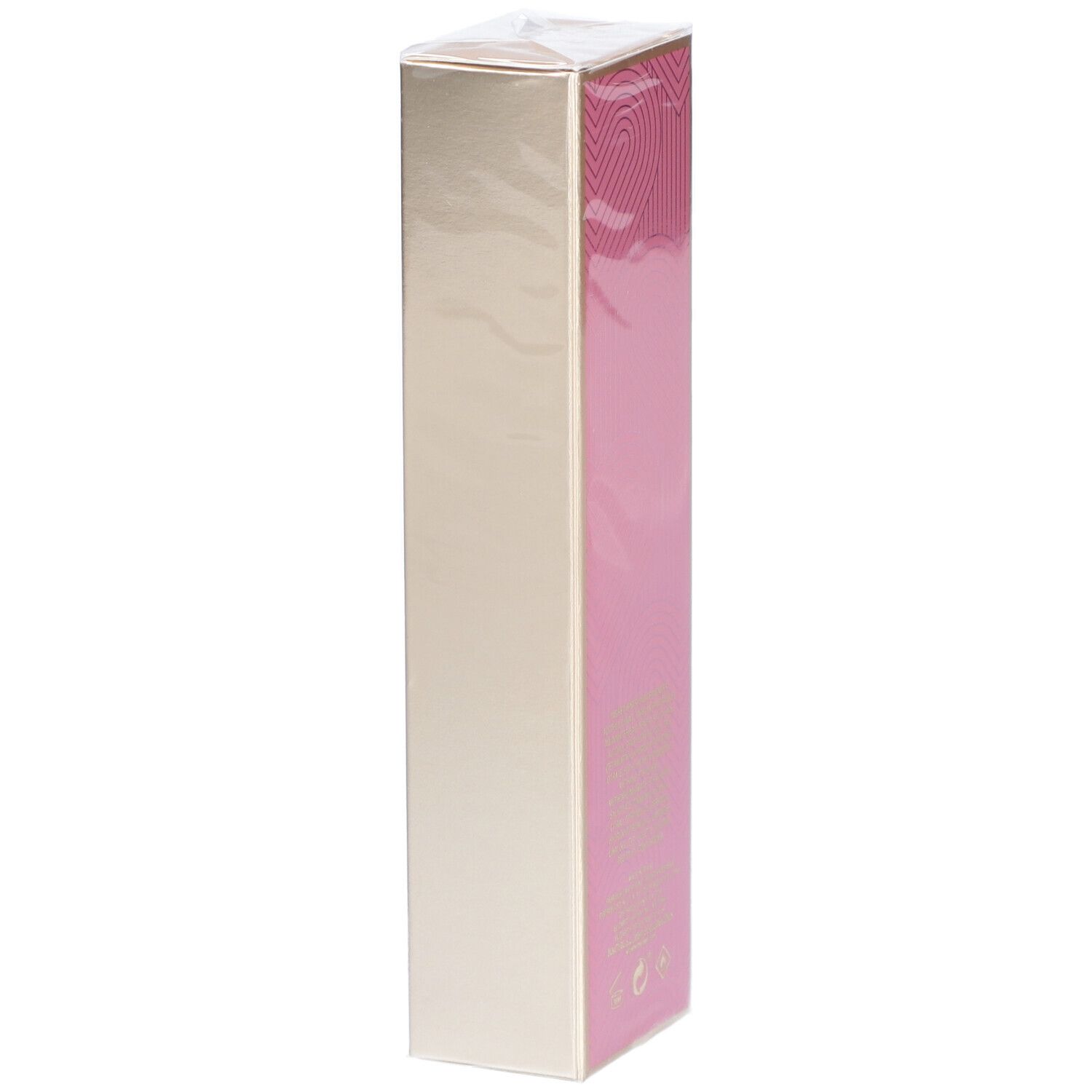 Schmale, rechteckige Verpackung. Rosa Seite mit goldfarbenem Schriftzug. Aufschrift: 5th Avenue NYC LOVE. In Folie verpackt.