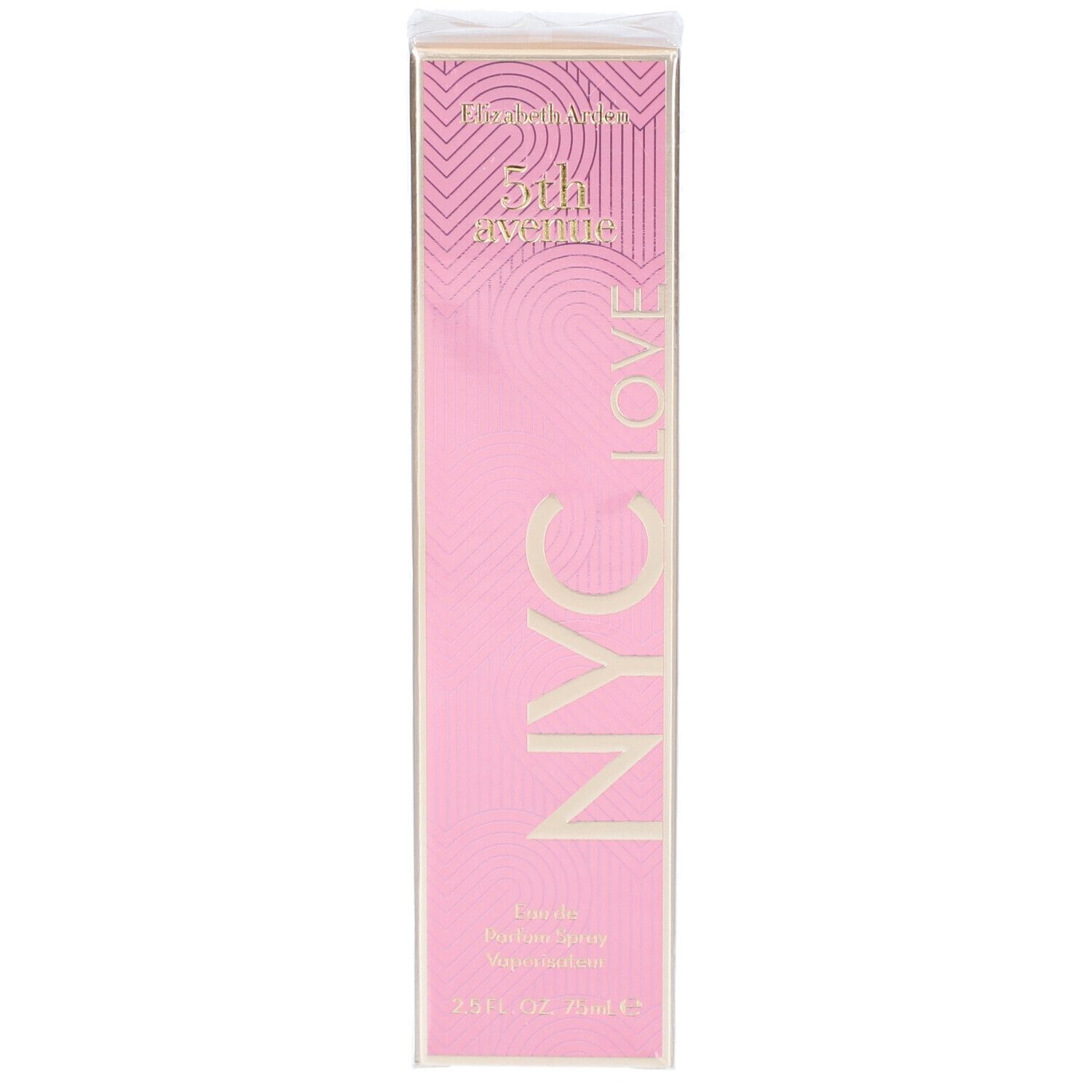 Rosa Verpackung mit goldfarbenem Schriftzug. Aufschrift: 5th Avenue NYC LOVE. Eau de Parfum Spray. 75 ml.