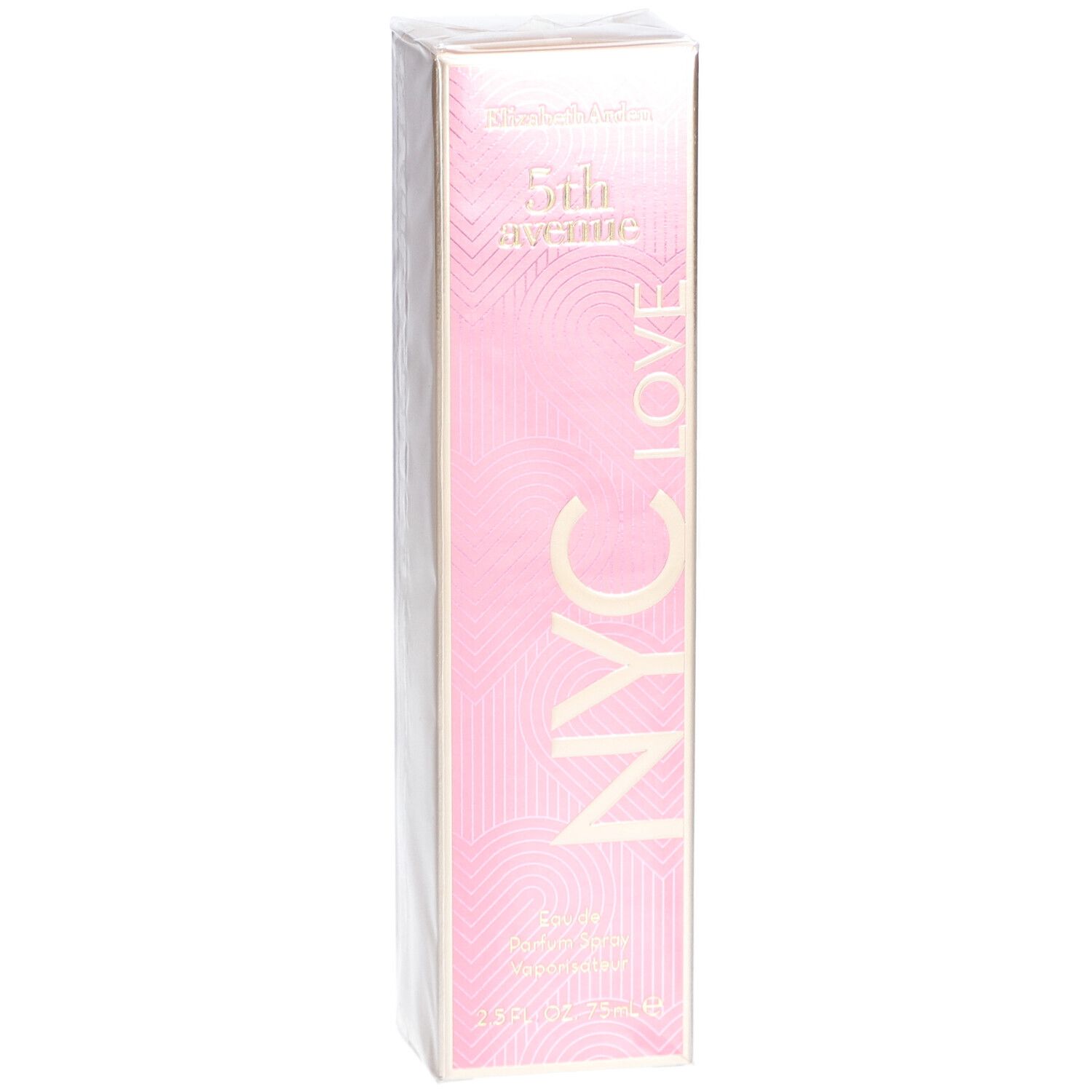 Rosa Verpackung mit goldfarbenem Schriftzug. Aufschrift: 5th Avenue NYC LOVE. Eau de Parfum Spray. 75 ml.