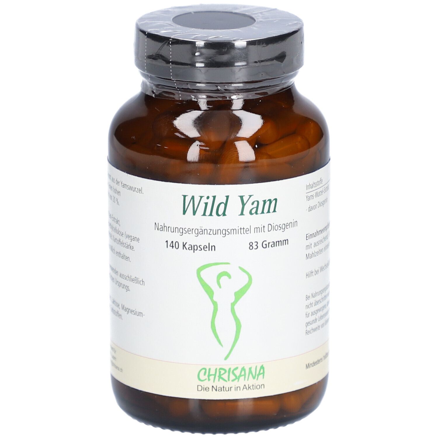 Flacon en verre brun avec gélules. Étiquette avec nom du produit Wild Yam, logo et logo Chrisana. 140 gélules, 83 grammes.