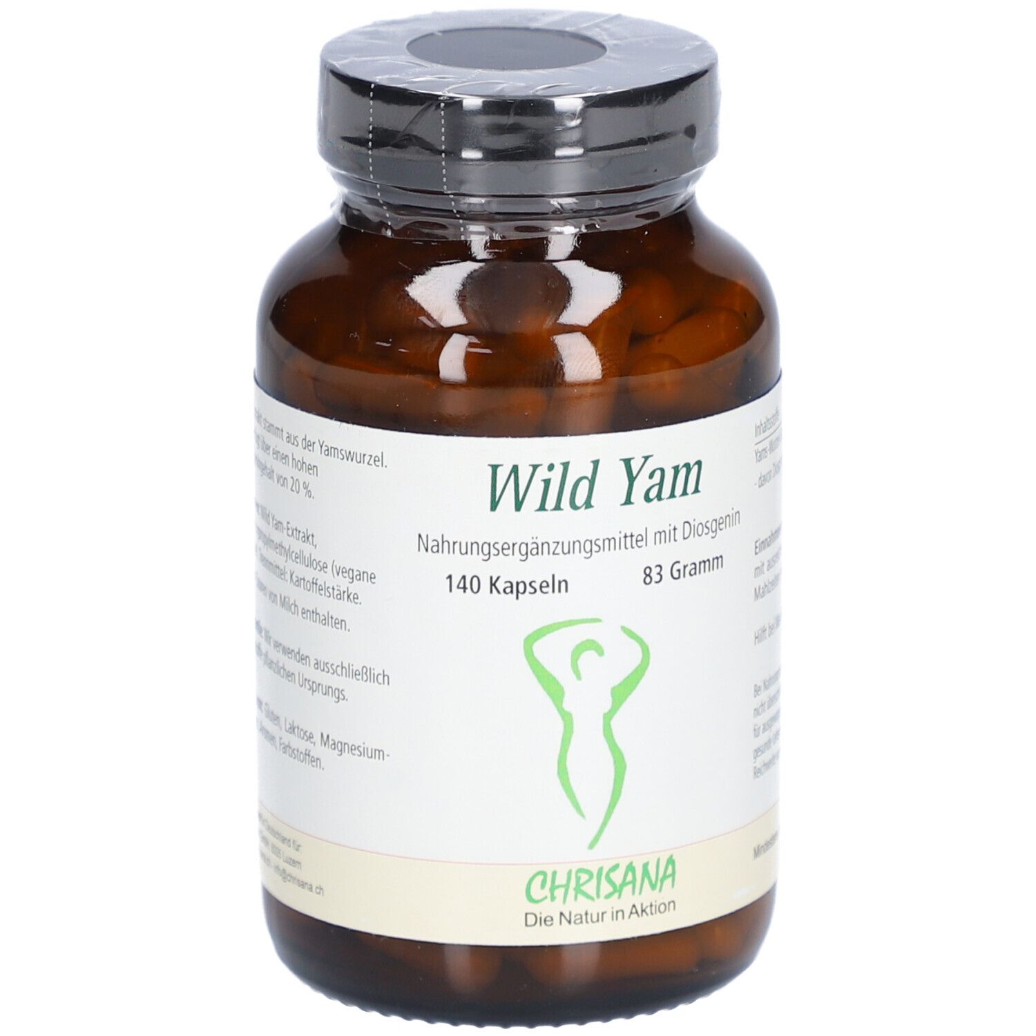 Flacon en verre brun avec gélules. Étiquette avec nom du produit Wild Yam, logo et logo Chrisana. 140 gélules, 83 grammes.