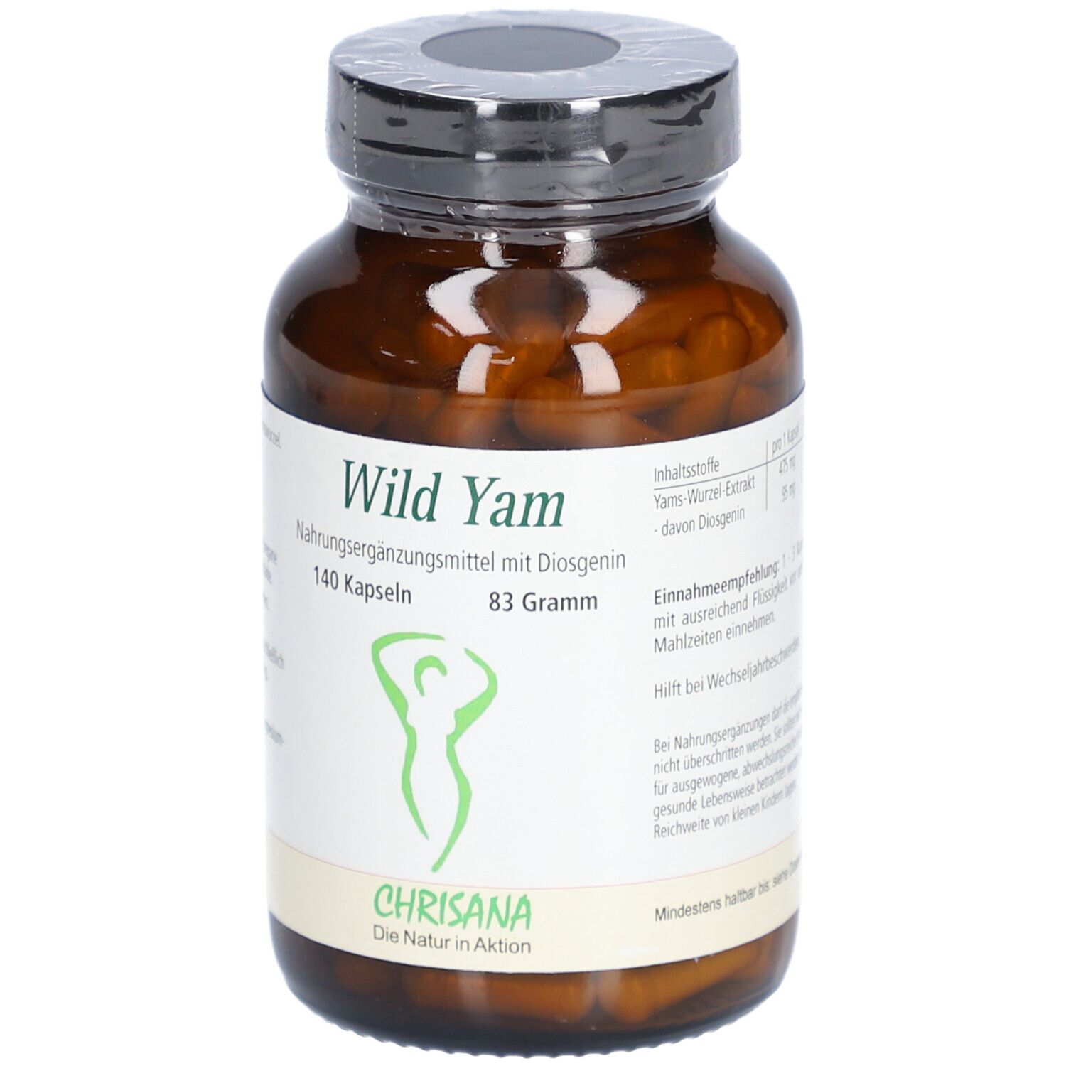 Flacon en verre brun avec gélules. Étiquette avec nom du produit Wild Yam, logo et logo Chrisana. 140 gélules, 83 grammes.