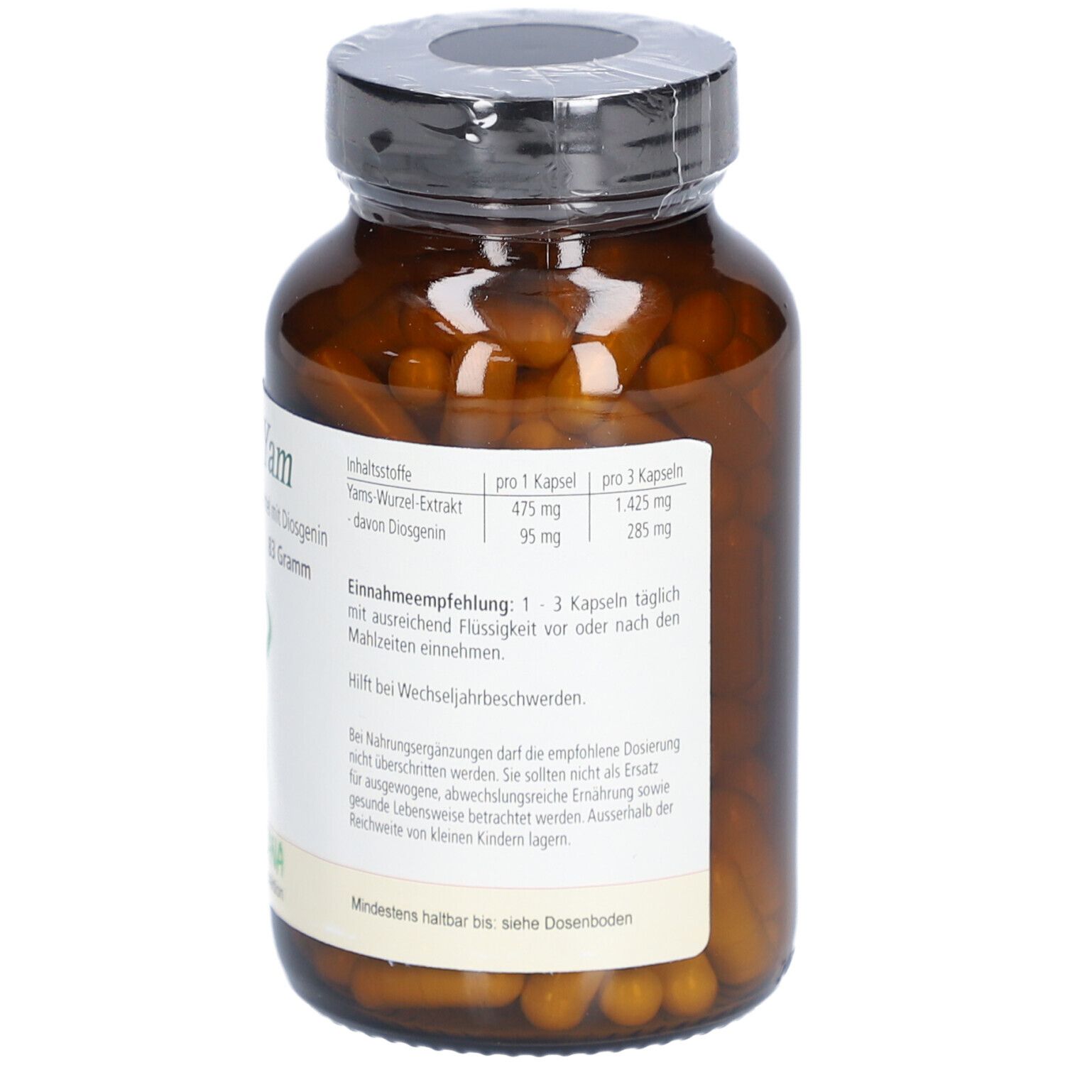 Flacon en verre brun avec gélules. Étiquette avec informations de dosage. Contient de l'extrait de racine d'igname. Recommandation : 1-3 gélules par jour.