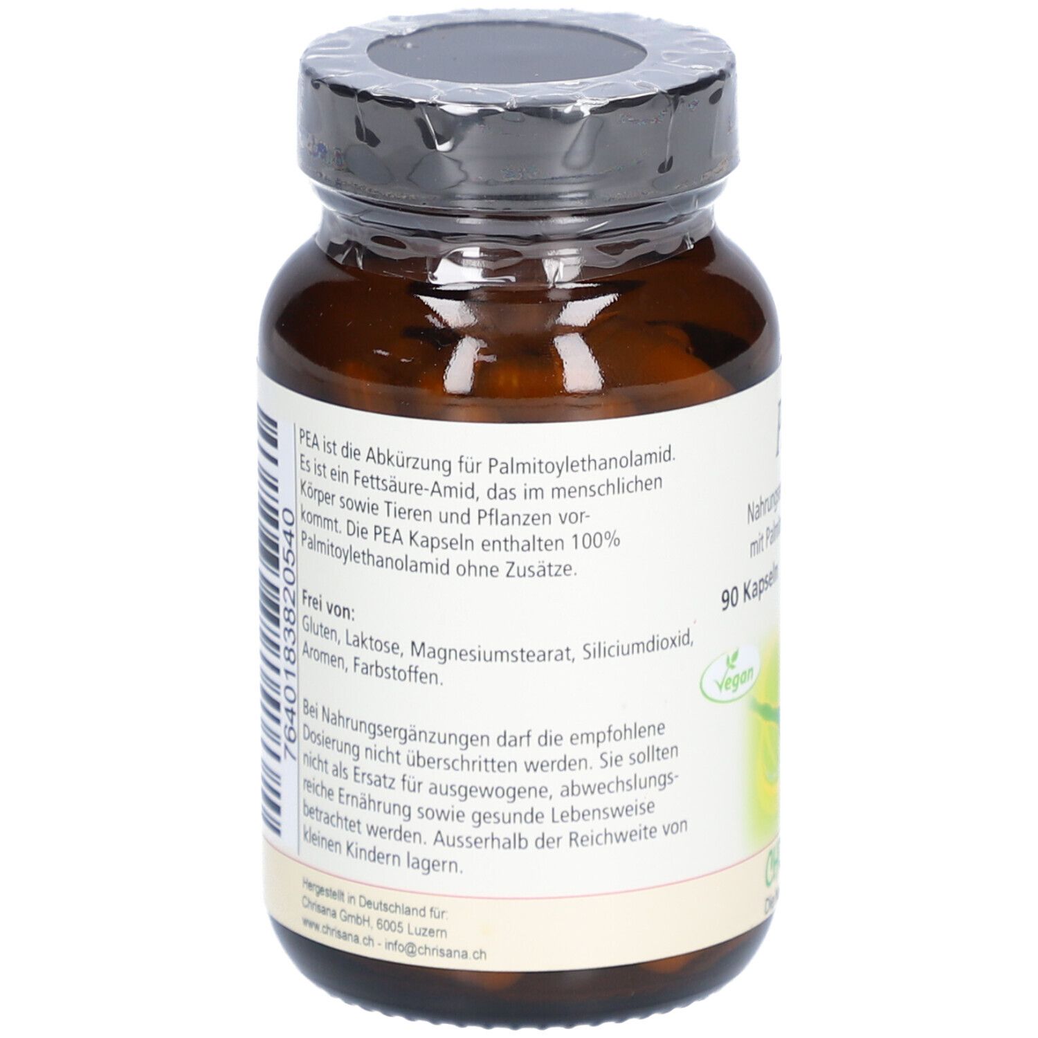 Rückseite einer braunen Glasflasche mit Kapseln. Text über PEA, Inhaltsstoffe und Hinweise. 90 Kapseln, vegan.