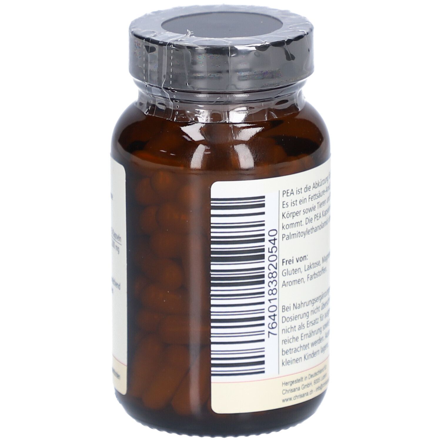 Braune Glasflasche mit Kapseln. Teilweise Etikett sichtbar. Barcode. 90 Kapseln.