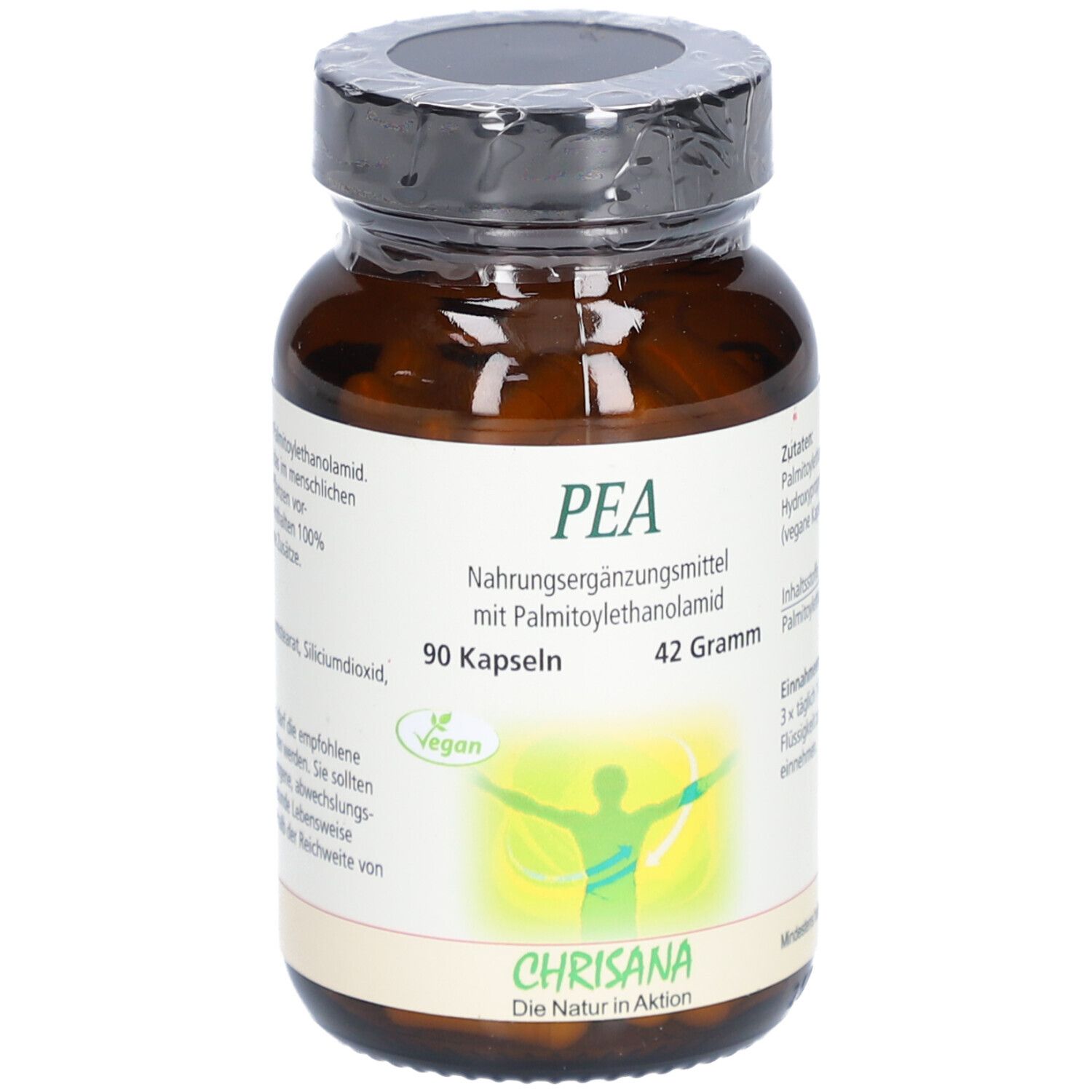 Braune Glasflasche mit Kapseln. Aufschrift PEA, 90 Kapseln, 42 Gramm, vegan. Marke Chrisana.
