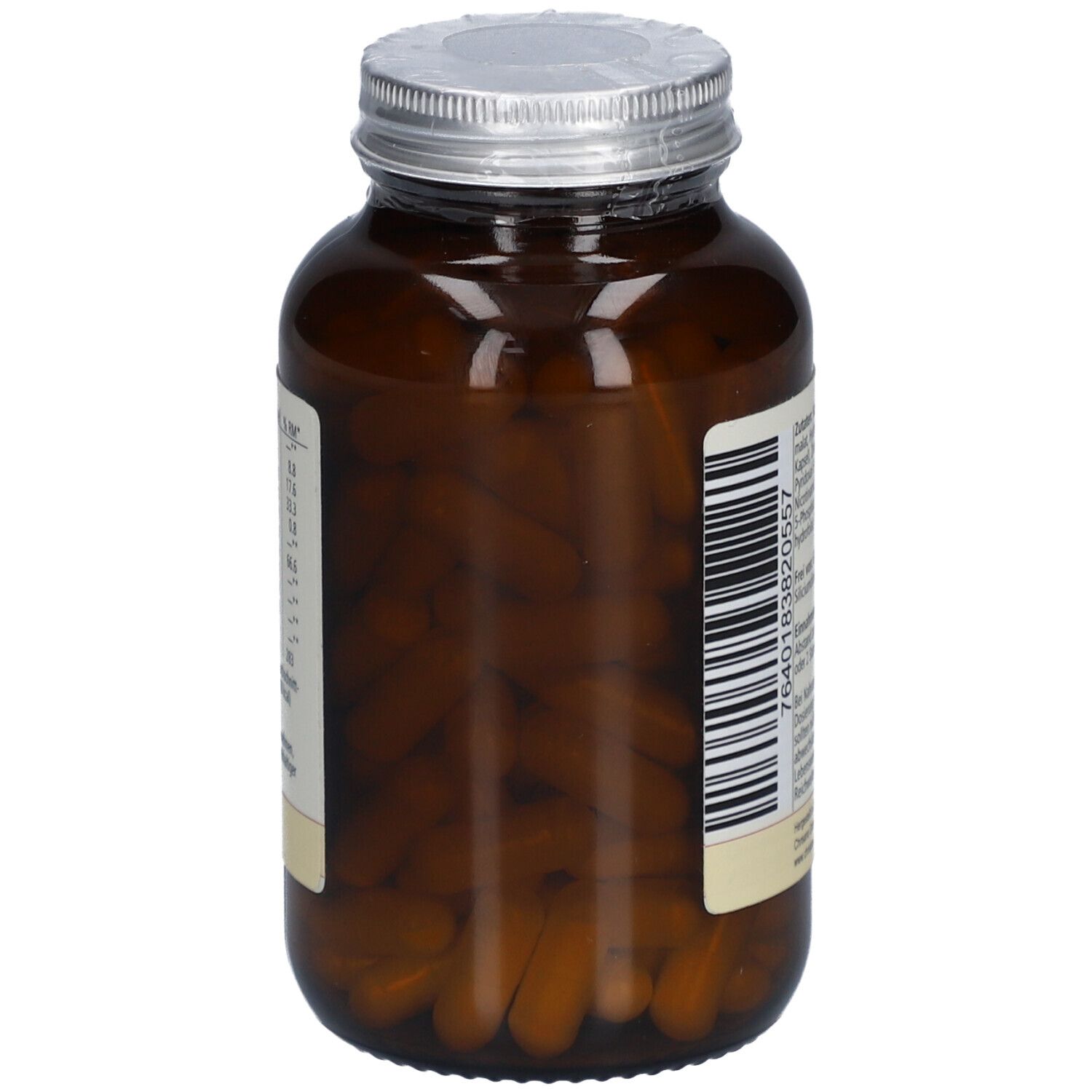 Braune Glasflasche mit silbernem Deckel, gefüllt mit braunen Kapseln. Etikett teilweise sichtbar.