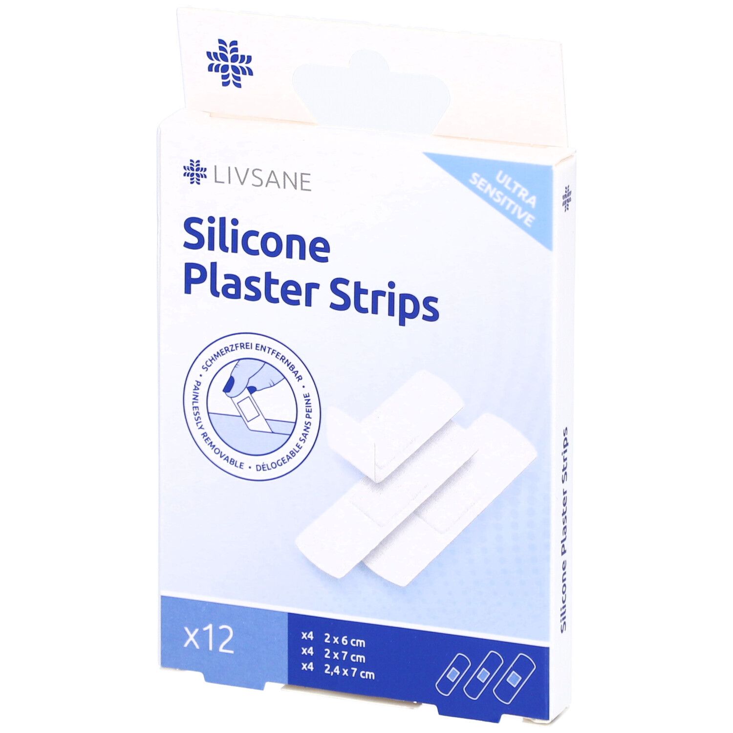 Verpackung mit LIVSANE Silikonpflaster-Streifen. Enthält 12 Pflaster in 3 Größen. Aufschrift: Ultra Sensitive.
