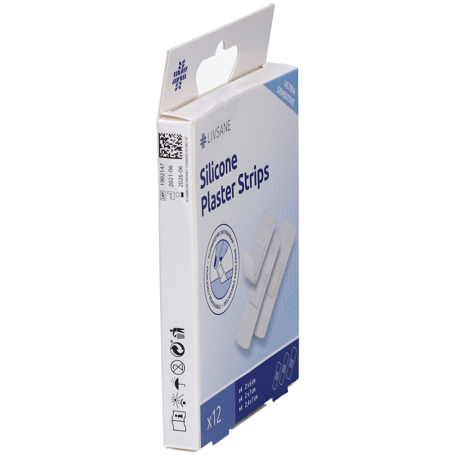 Seitenansicht der Verpackung mit LIVSANE Silikonpflaster-Streifen. Aufschrift: Ultra Sensitive. 12 Stück.