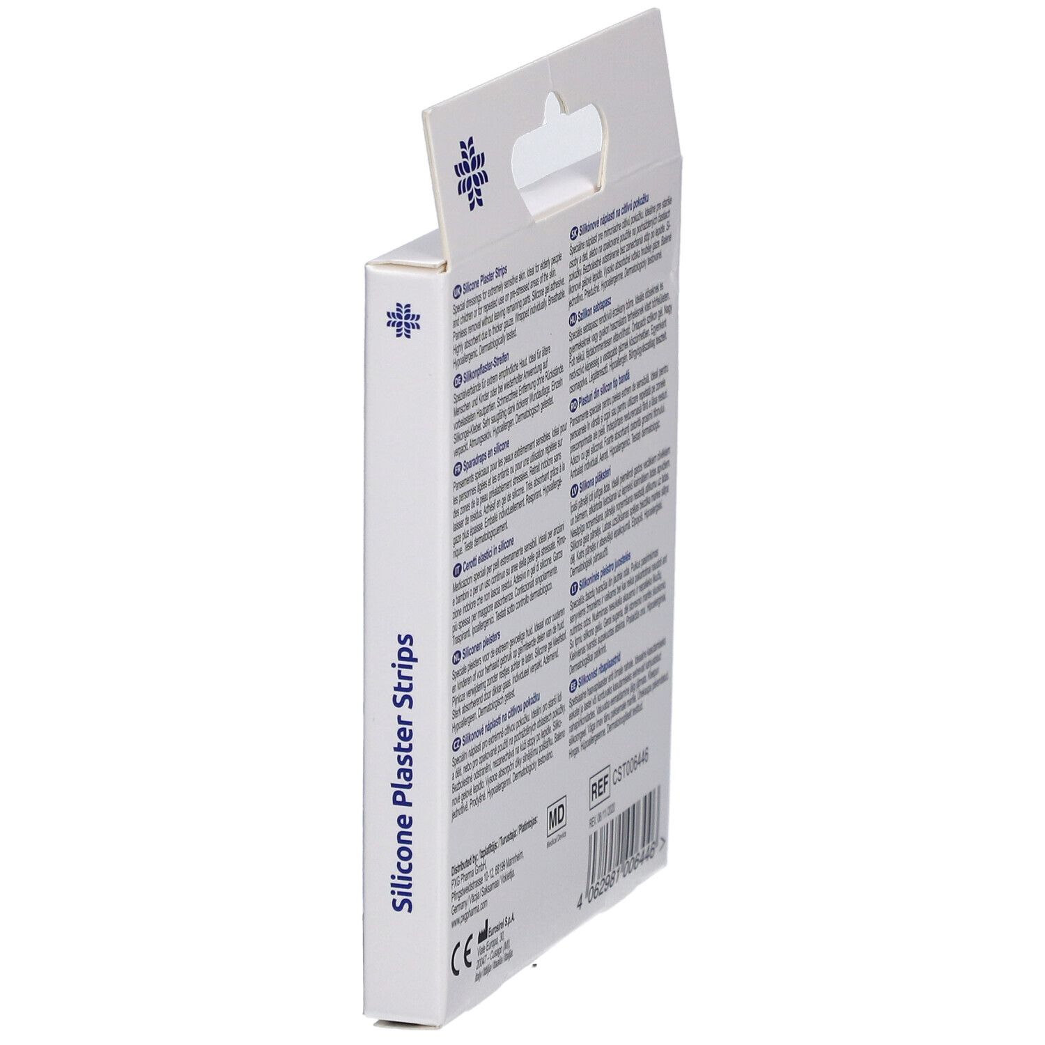 Seitenansicht der Verpackung mit Texten in verschiedenen Sprachen. Enthält Informationen zu LIVSANE Silikonpflaster-Streifen.