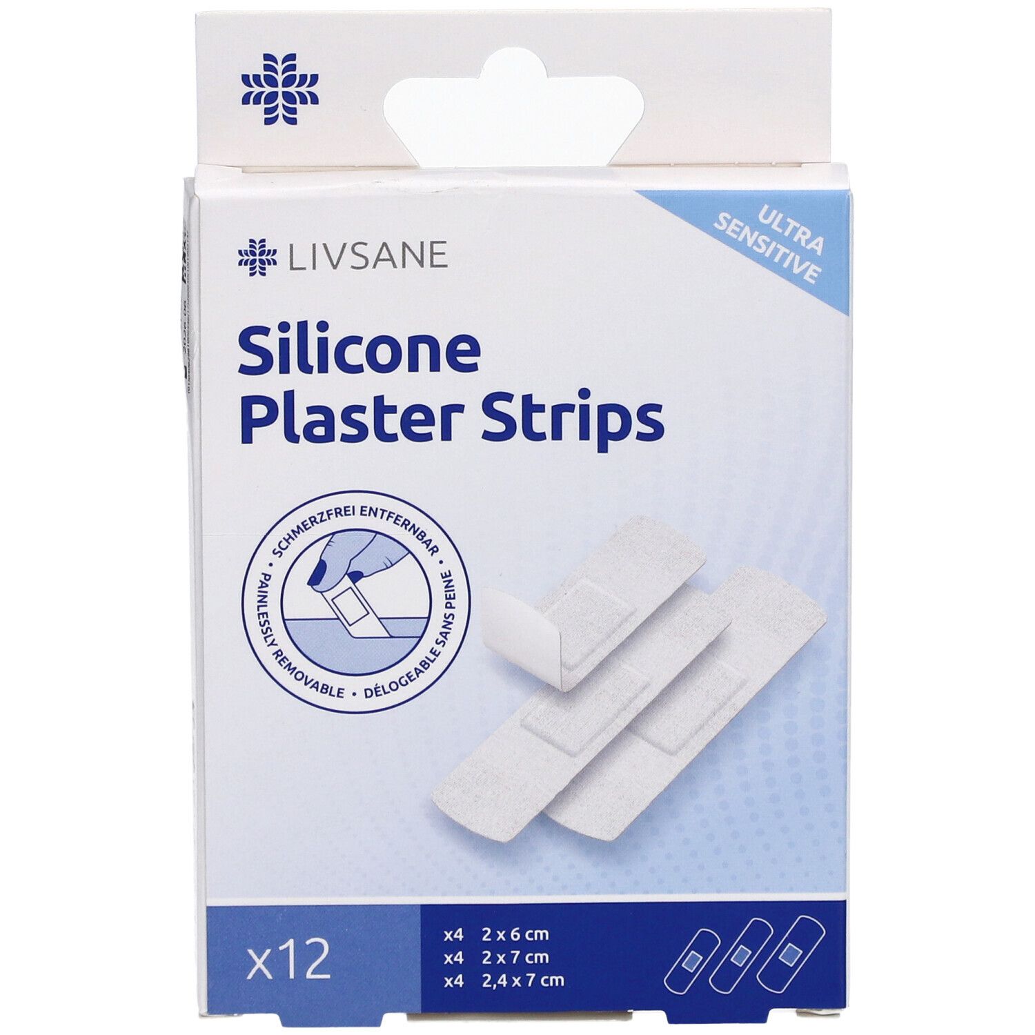 Verpackung mit LIVSANE Silikonpflaster-Streifen. Enthält 12 Pflaster in 3 Größen. Aufschrift: Ultra Sensitive.
