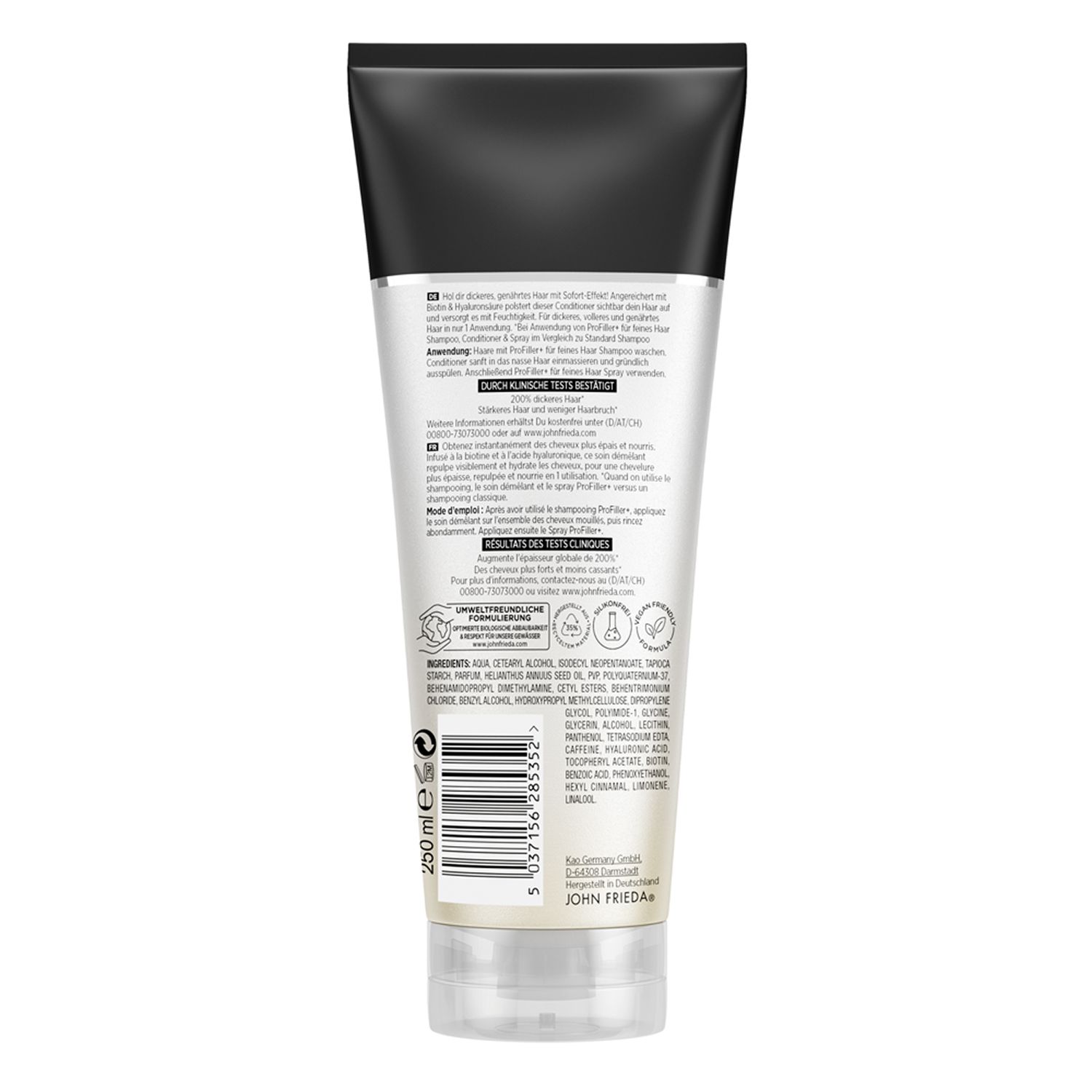 Rückseite einer Tube. Text in mehreren Sprachen. Inhaltsstoffe, Anwendungshinweise und Logos. 250 ml. JOHN FRIEDA.