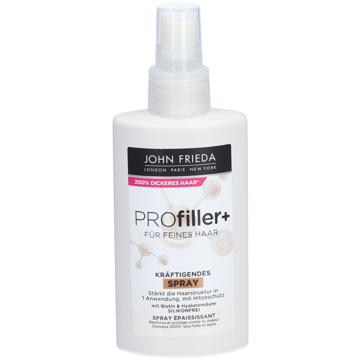 Weiße Sprühflasche mit schwarzem Etikett. Text: JOHN FRIEDA PROfiller+ Kräftigendes Spray. Rosa Akzent. Silikonfrei.