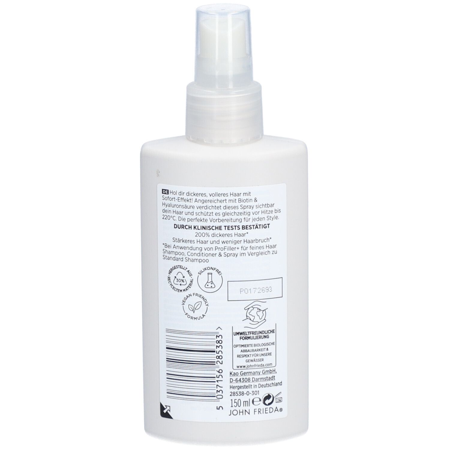 Rückseite der weißen Sprühflasche. Text: JOHN FRIEDA. Angaben zu Inhaltsstoffen und Recycling. 150 ml.